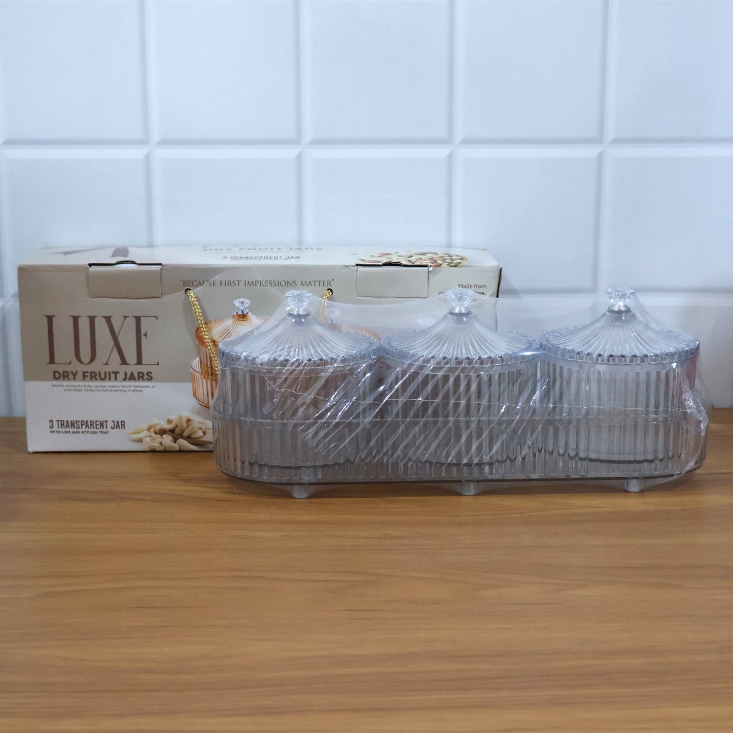 Complete 3-piece dry fruit and snack storage jar set with tray