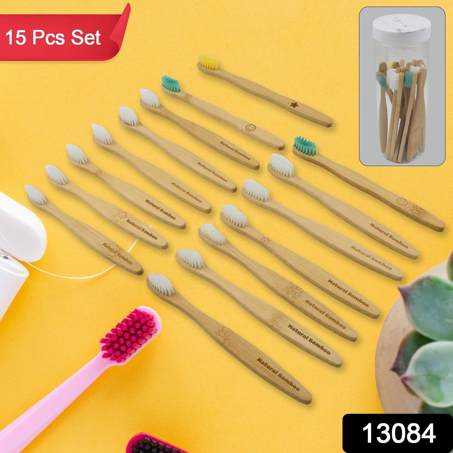 Bamboo Wooden Toothbrush Soft Toothbrush Wooden Child Bamboo Biodegradable Toothbrush, Manual Toothbrush for Adult, Kids (15 pcs set / With Round Box)