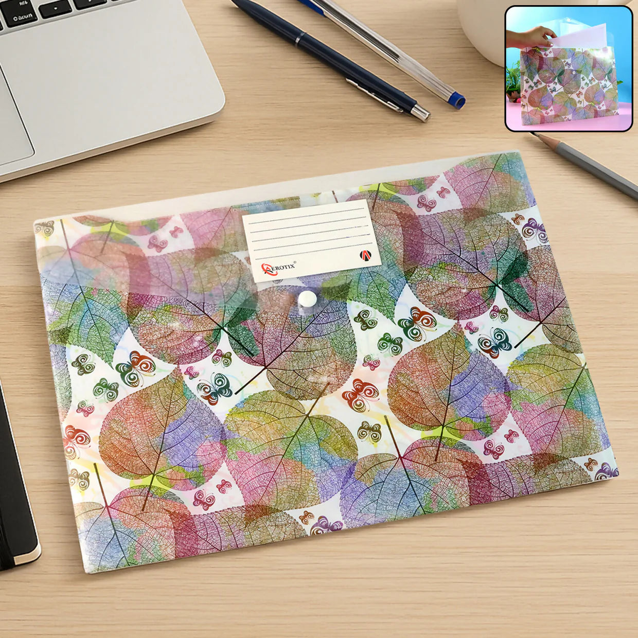Happyclick Printed A4 Document Folder – Leaf Design with Button Closure & Label Slot (1 Pc) - HappyClick