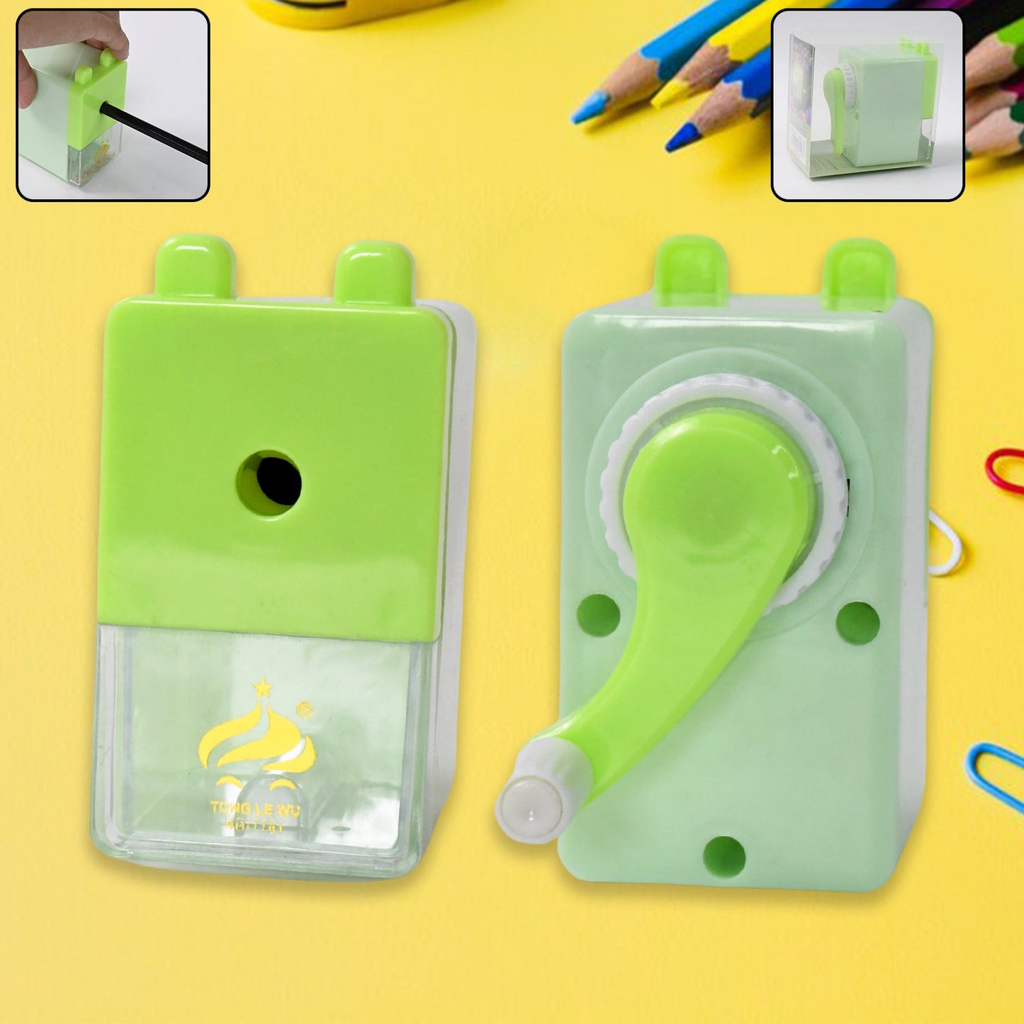 Manual pencil sharpener front angle with waste collector feature