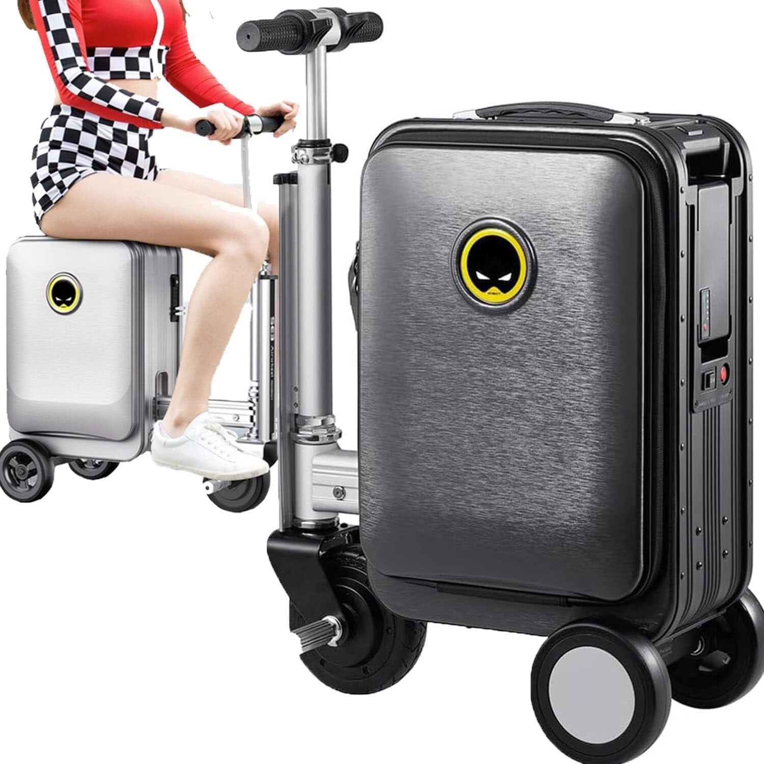 Close-up of the removable battery feature on the smart travel bag, highlighting convenience.
