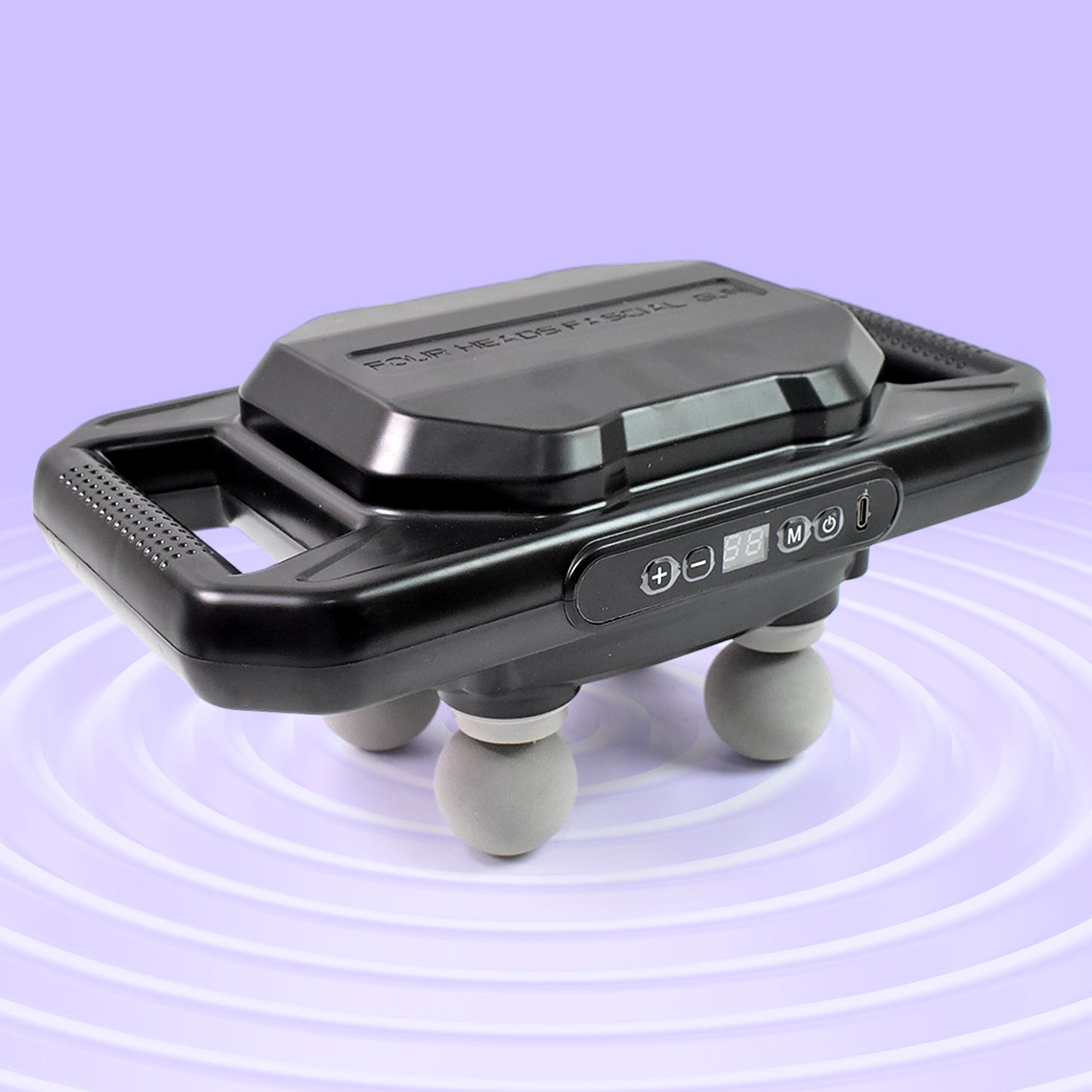 Handheld Deep Tissue Massage Gun with four heads in a mixed color finish.