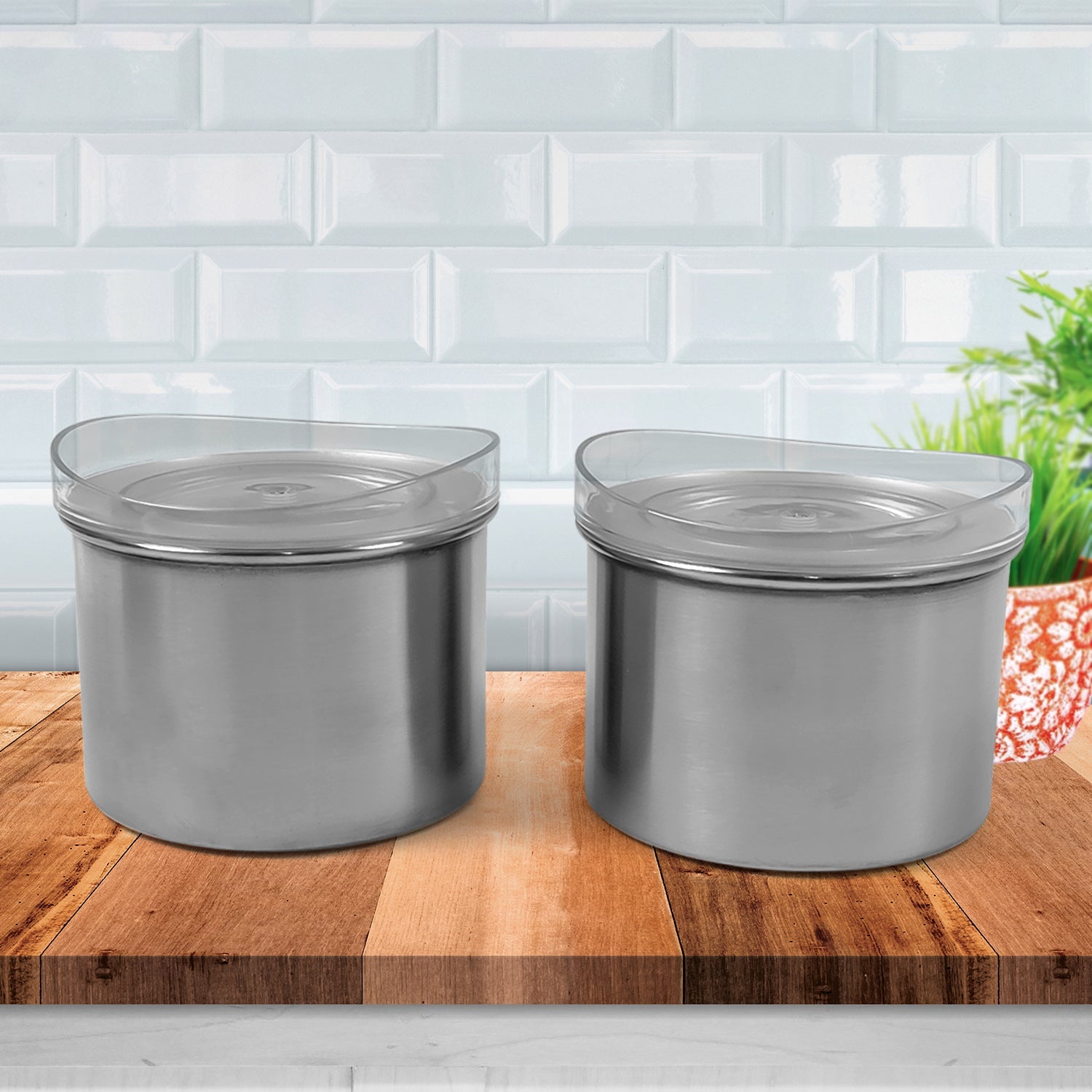 Two 500ml airtight stainless steel containers with clear, transparent lids for food storage.