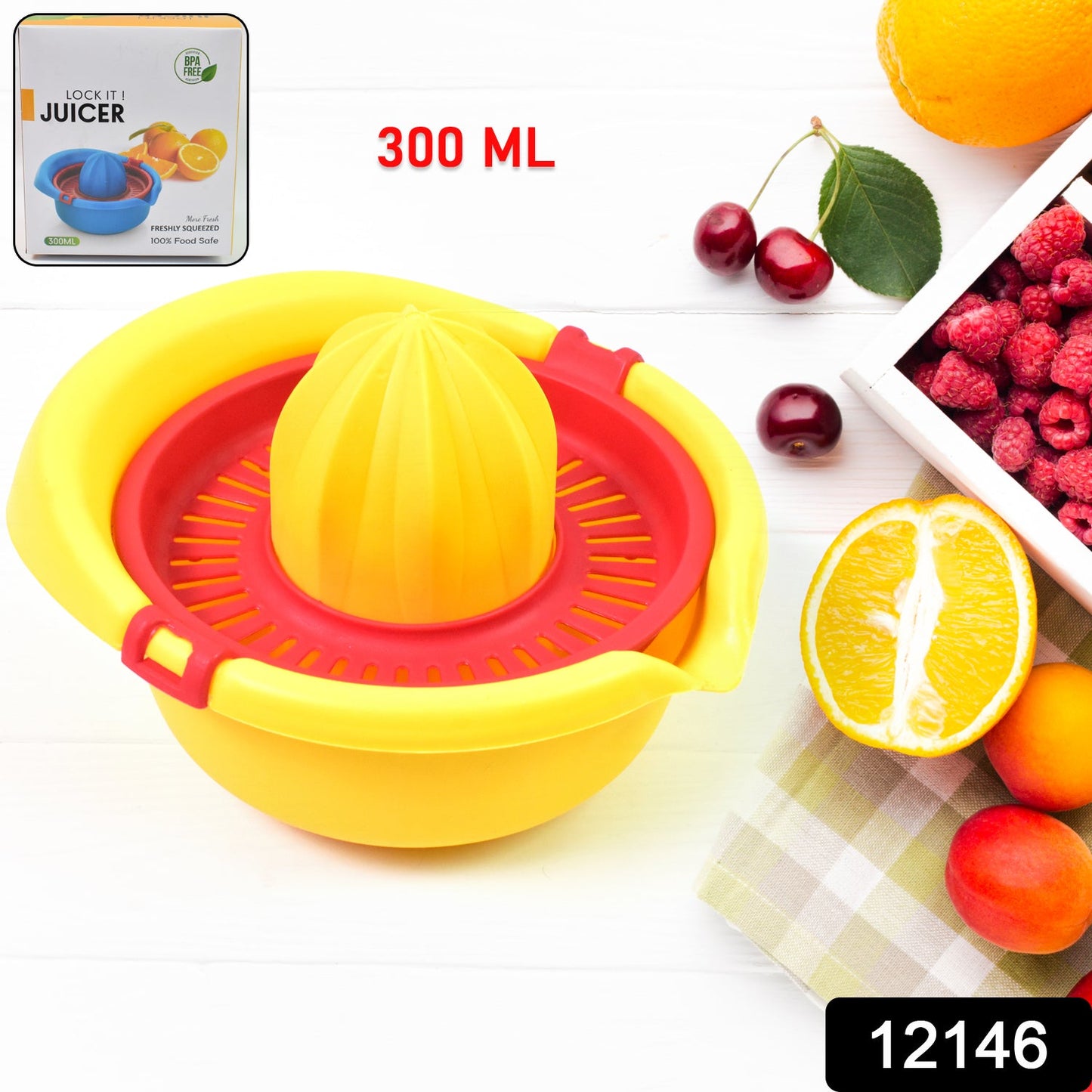 Manual citrus press juicer in action, extracting fresh orange juice.