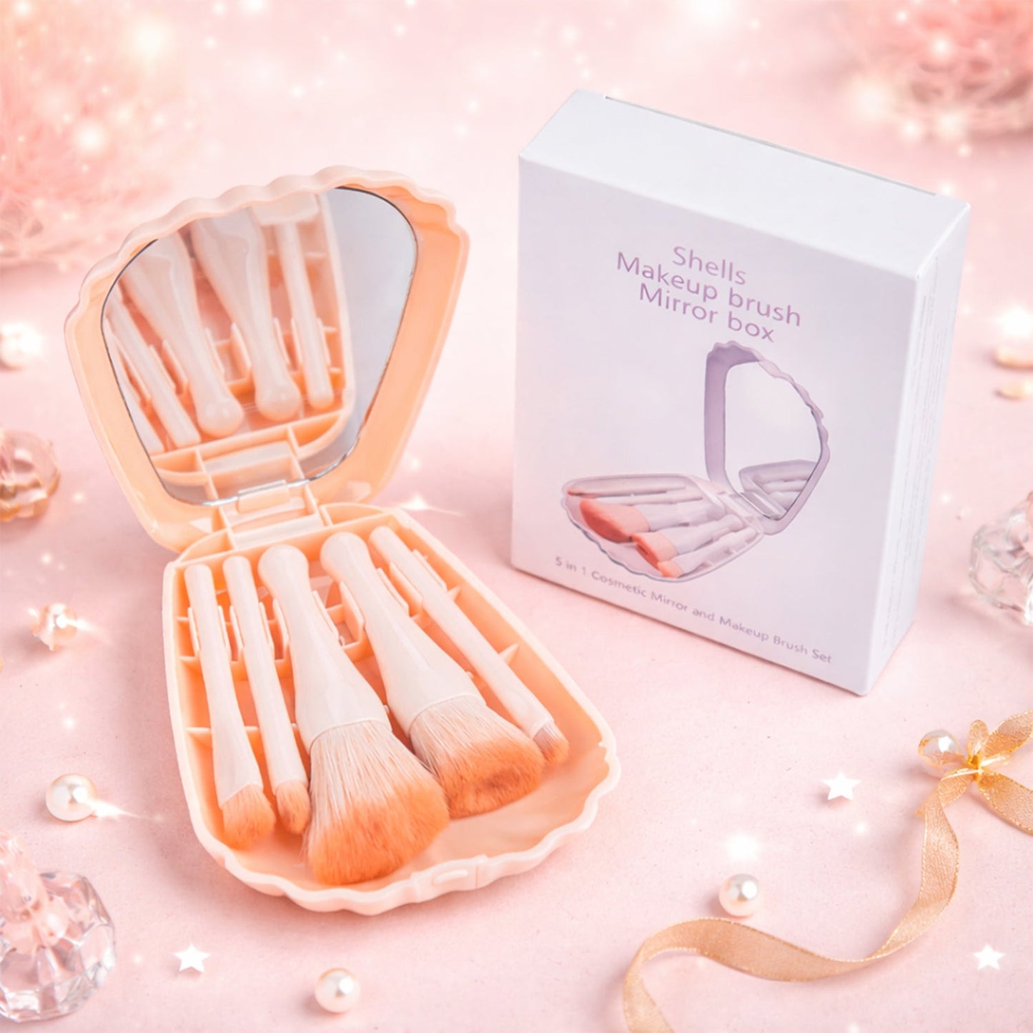 5 in 1 makeup brush set with compact storage case and mirror
