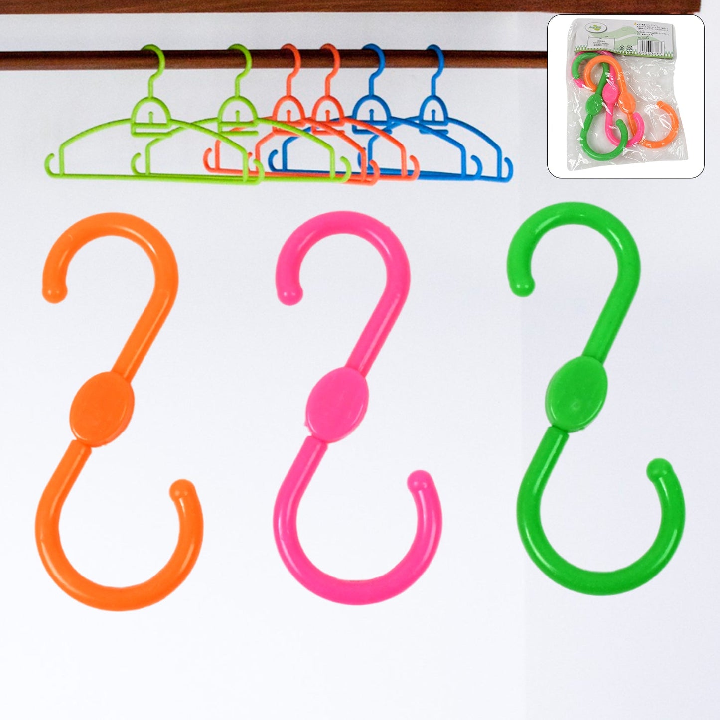 Set of 3 plastic S hooks hanging kitchen and closet items