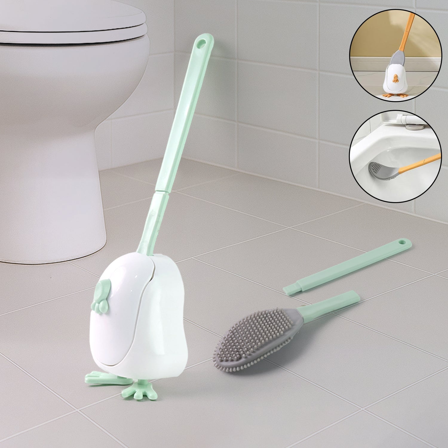 Flexible silicone toilet brush set with quick-dry duck-shaped holder