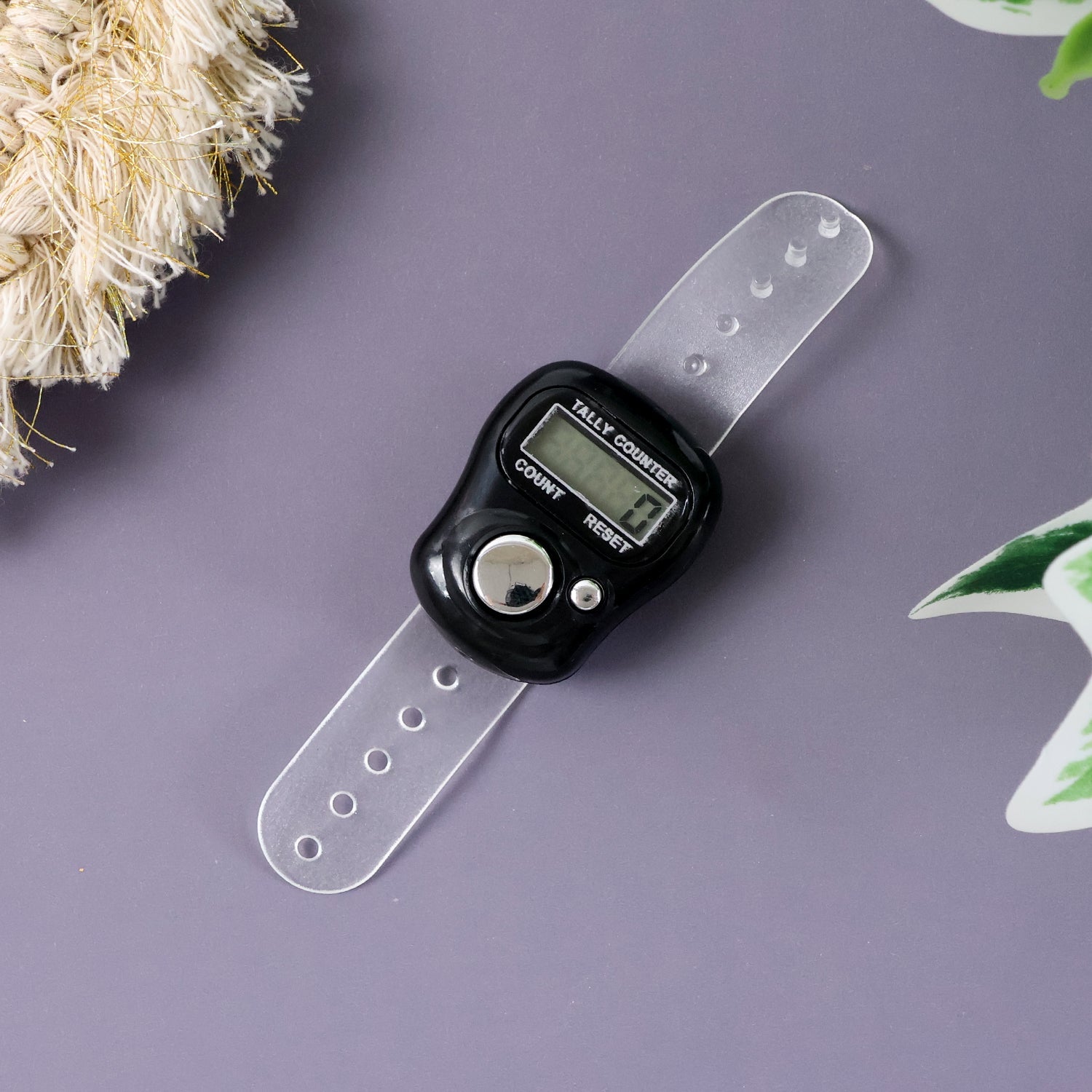 Front view of portable digital finger tally counter showing easy-to-read screen