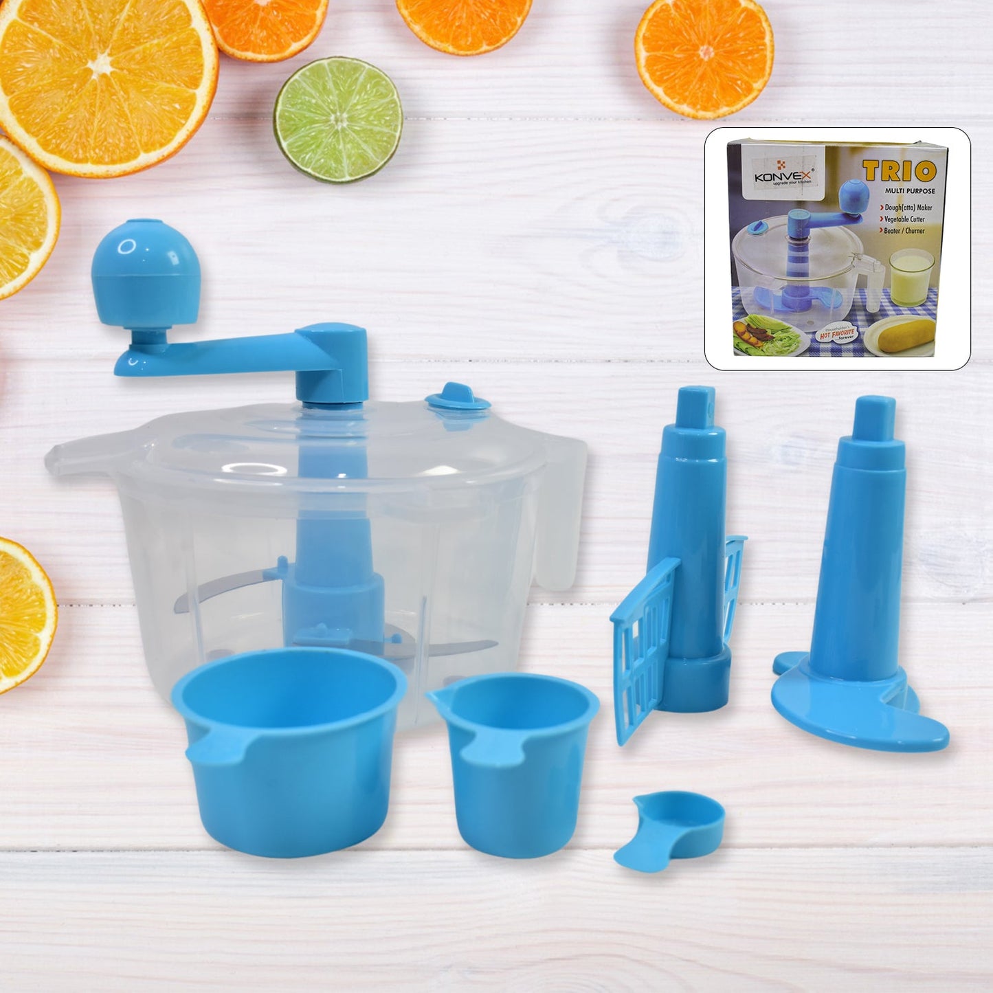 Konvex manual atta maker machine with measuring cups, ready for use on a kitchen counter.