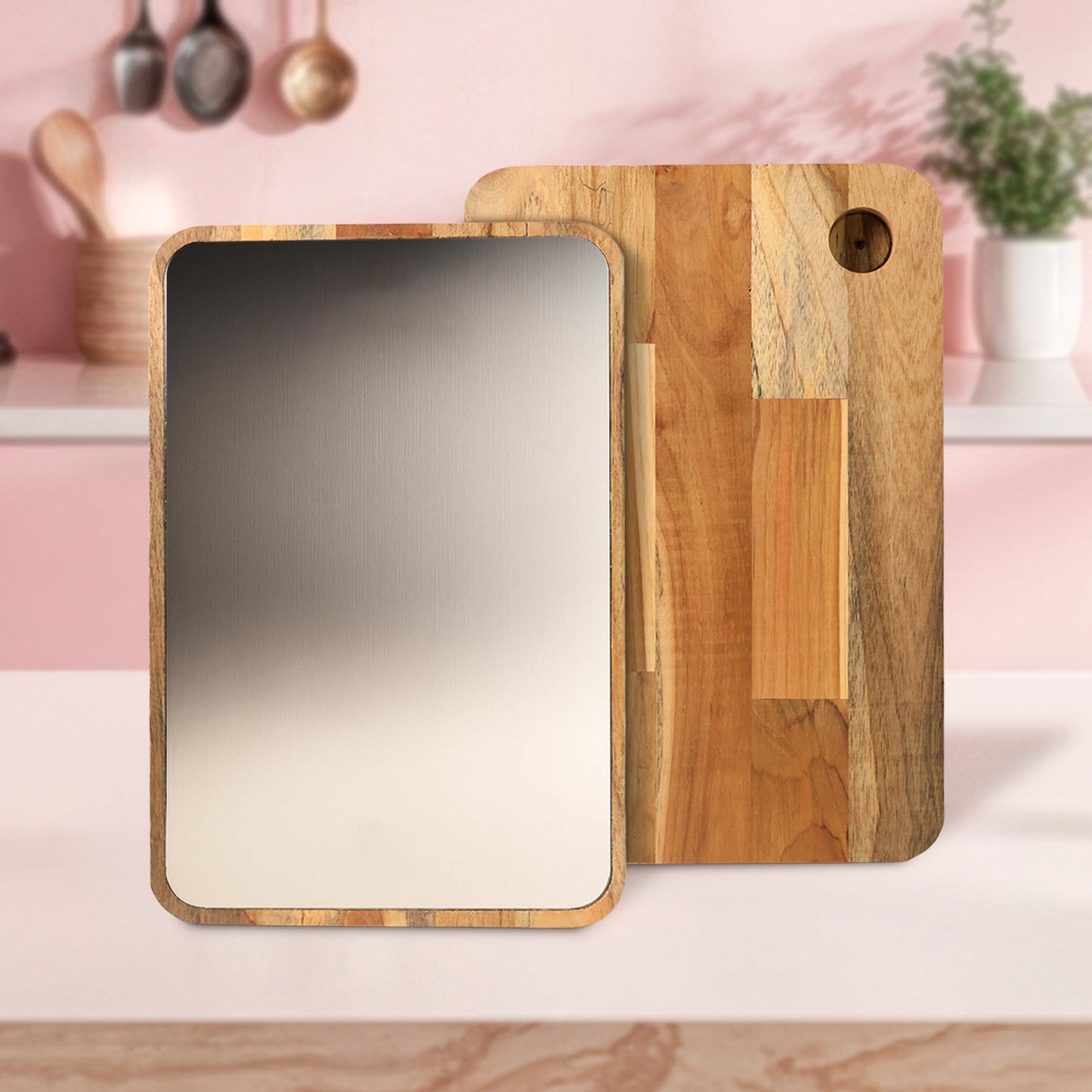 Front view of Steel Oak Cutting Board with durable stainless steel surface and wooden handle