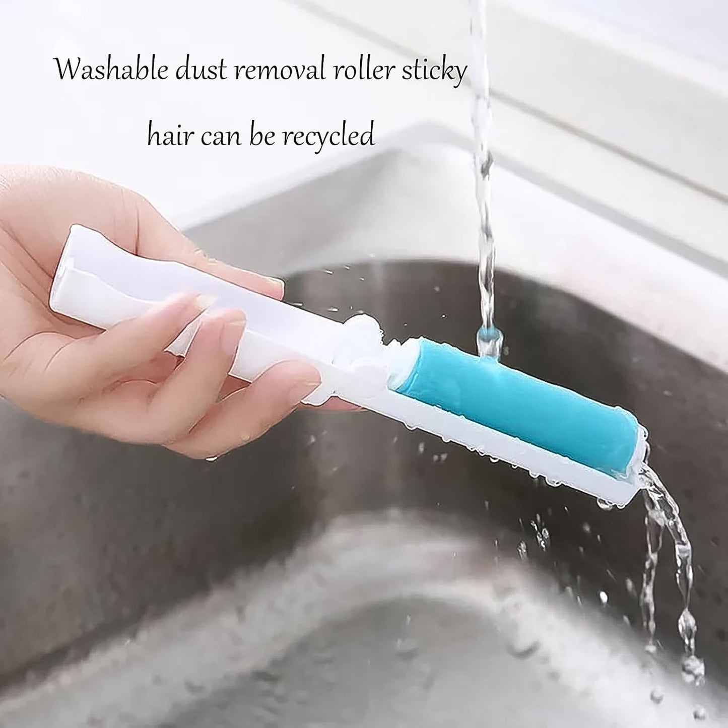 A hand demonstrates the reusable lint roller effectively cleaning fabric.