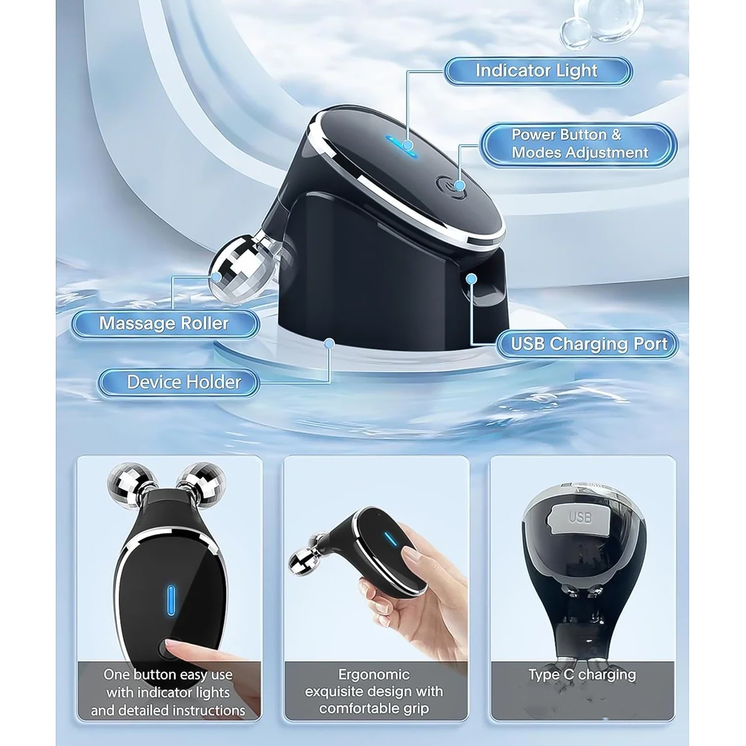 Side view of the Microcurrent Face Massager, highlighting its comfortable grip.