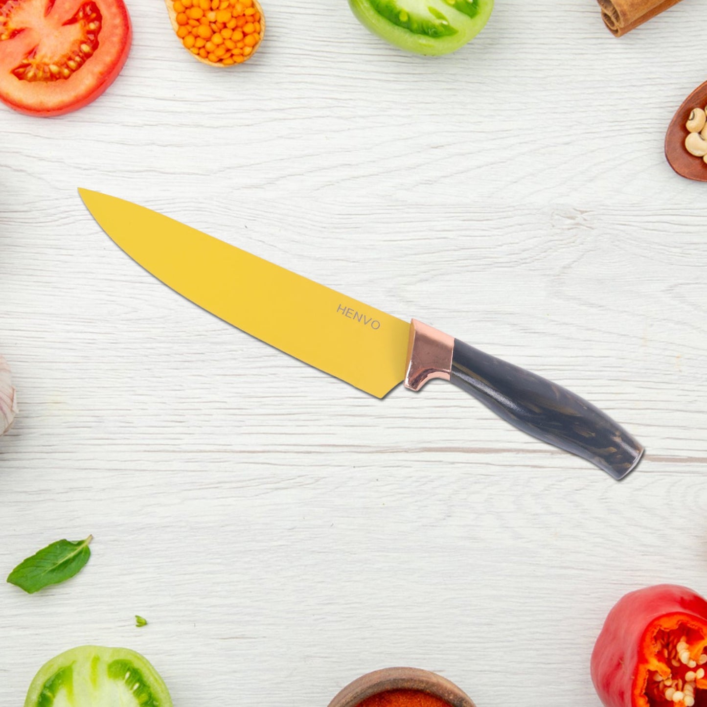 Yellow coated stainless steel blade close-up of kitchen knife set