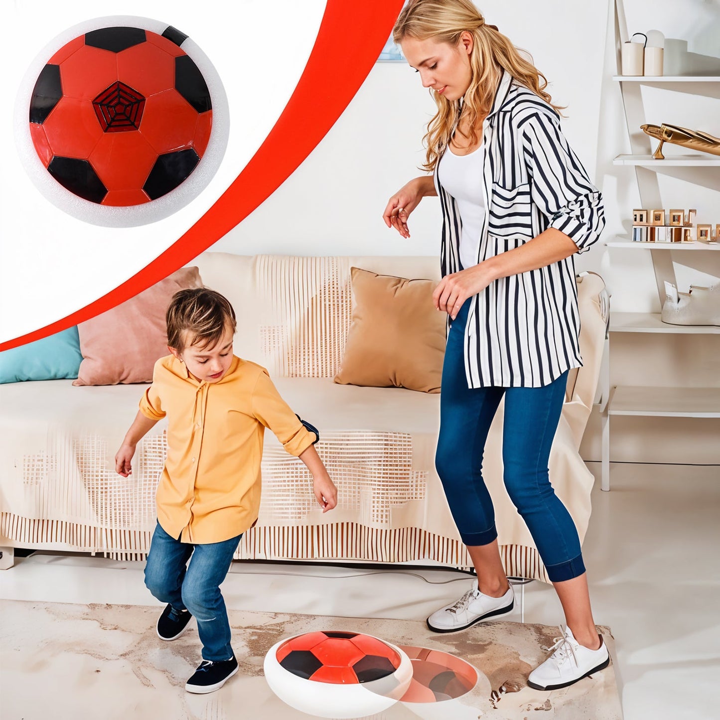 Child playing with soft kick hover soccer ball indoors