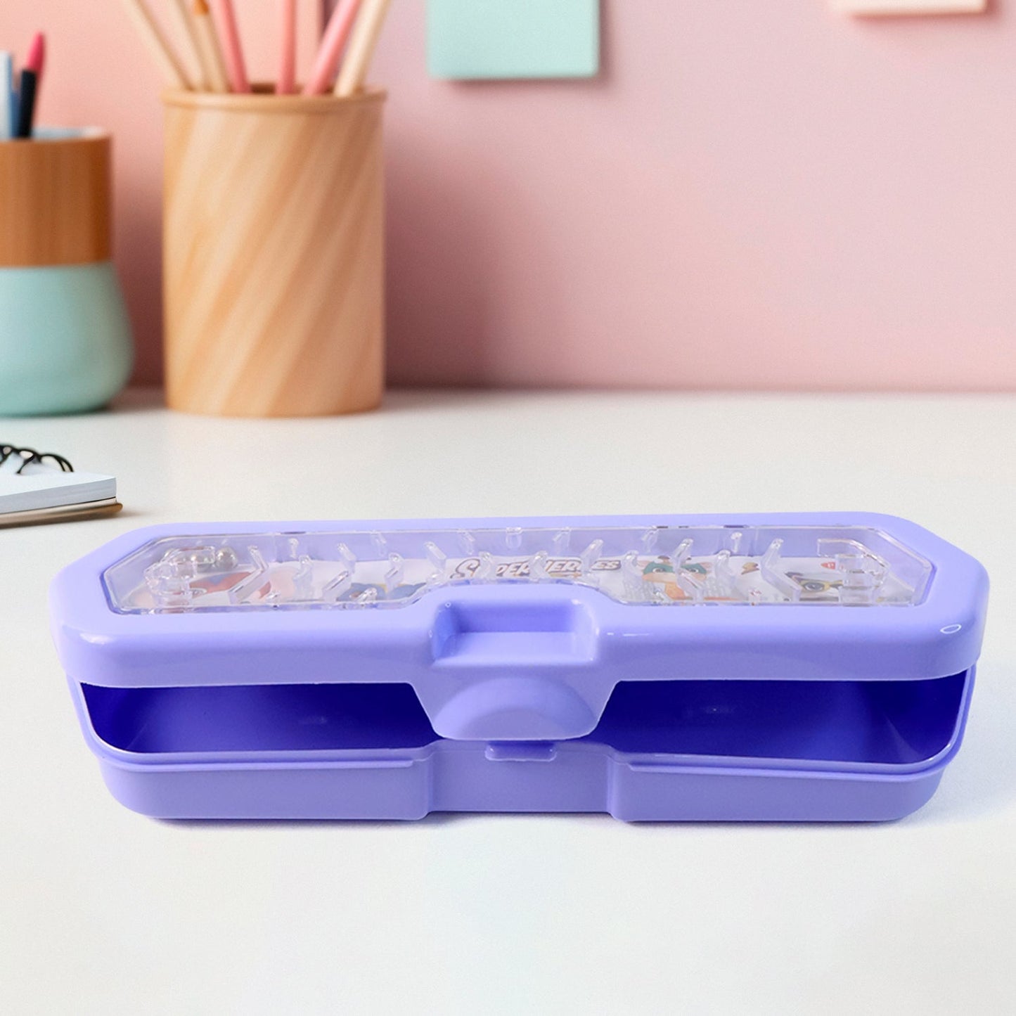 Backside view of durable plastic Kids Pencil Box for school stationery.