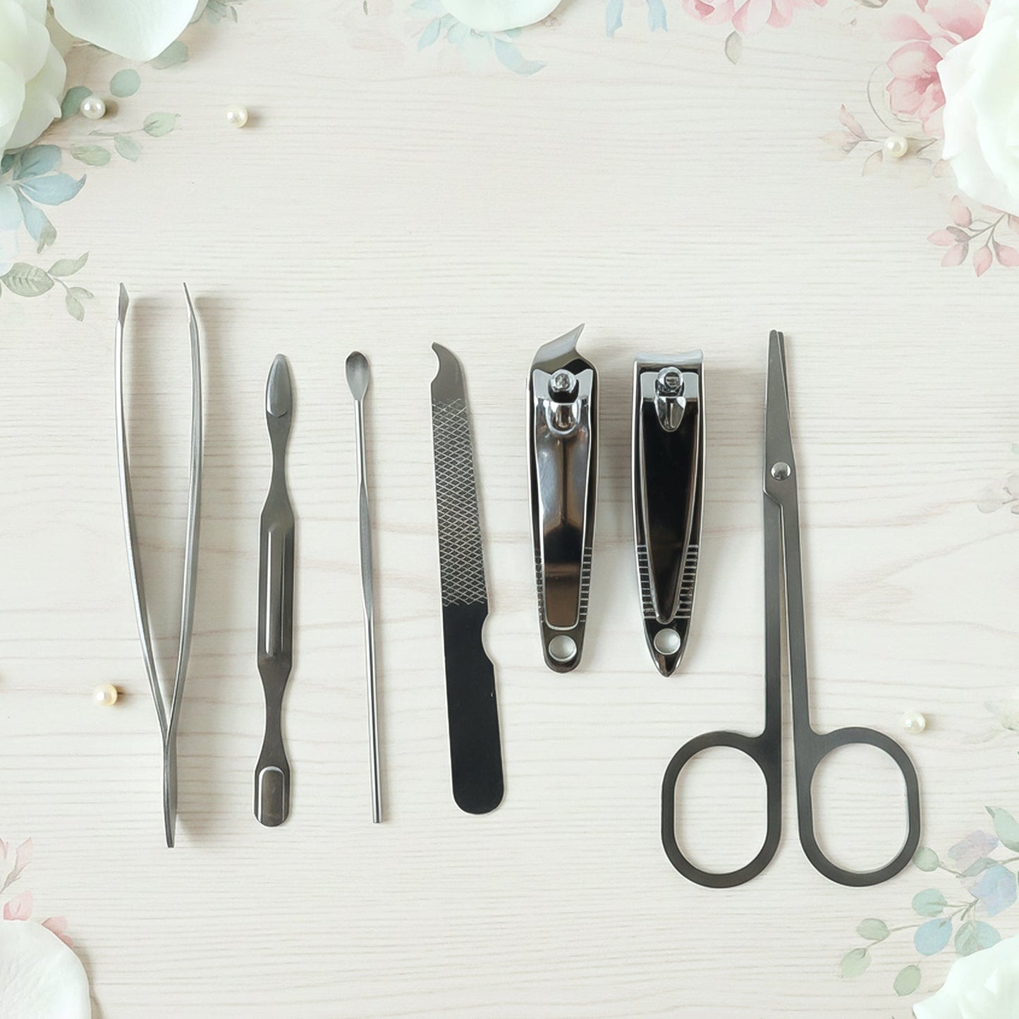 Portable manicure and pedicure tool set in a compact case for travel