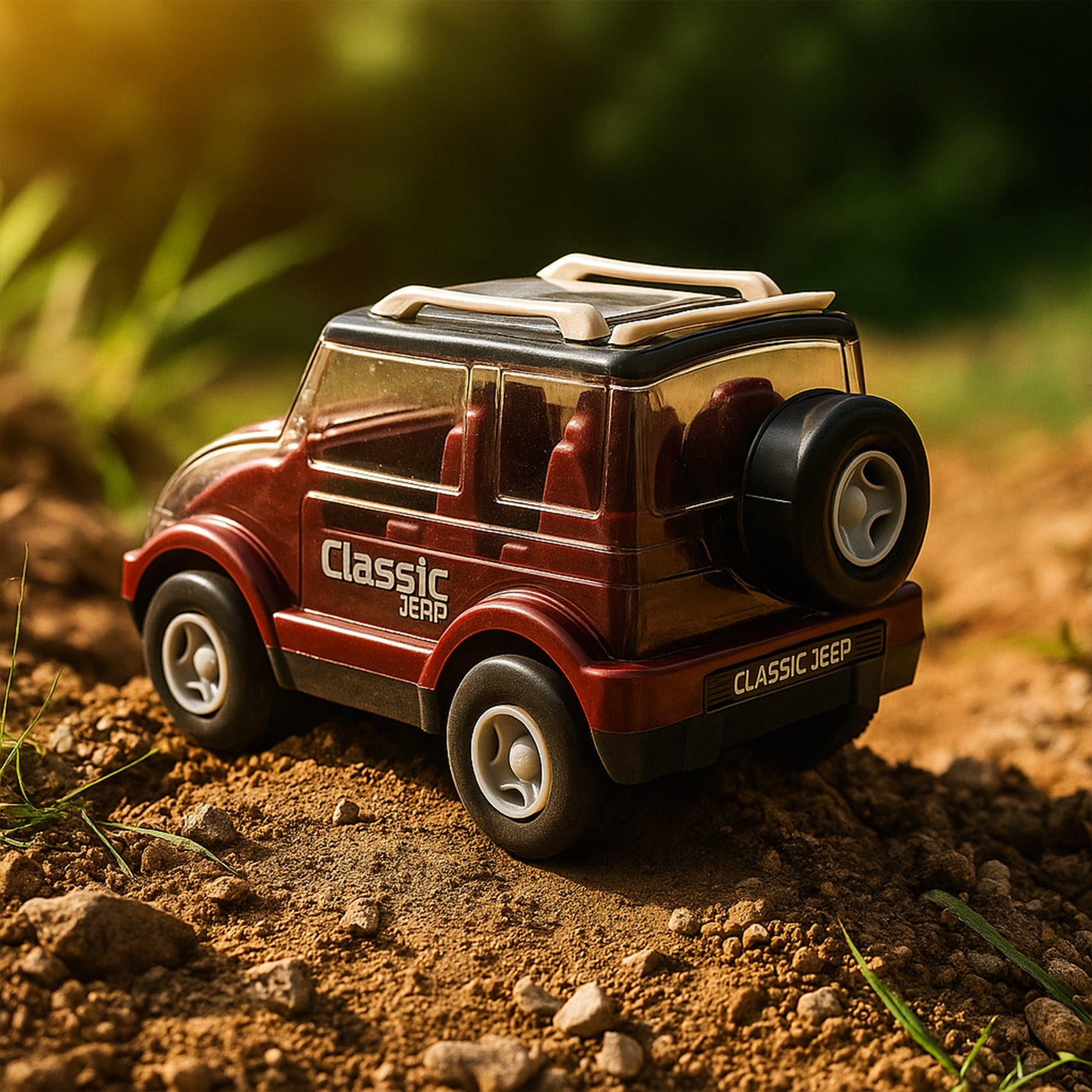 Close-up of jeep toy friction mechanism and clear roof design