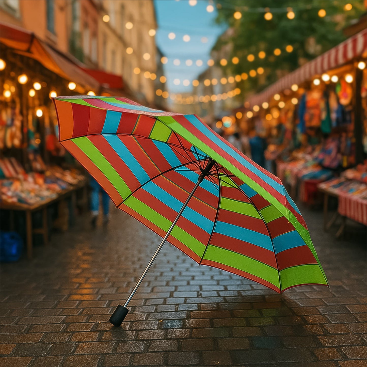 Open umbrella displaying wind-resistant frame and waterproof canopy
