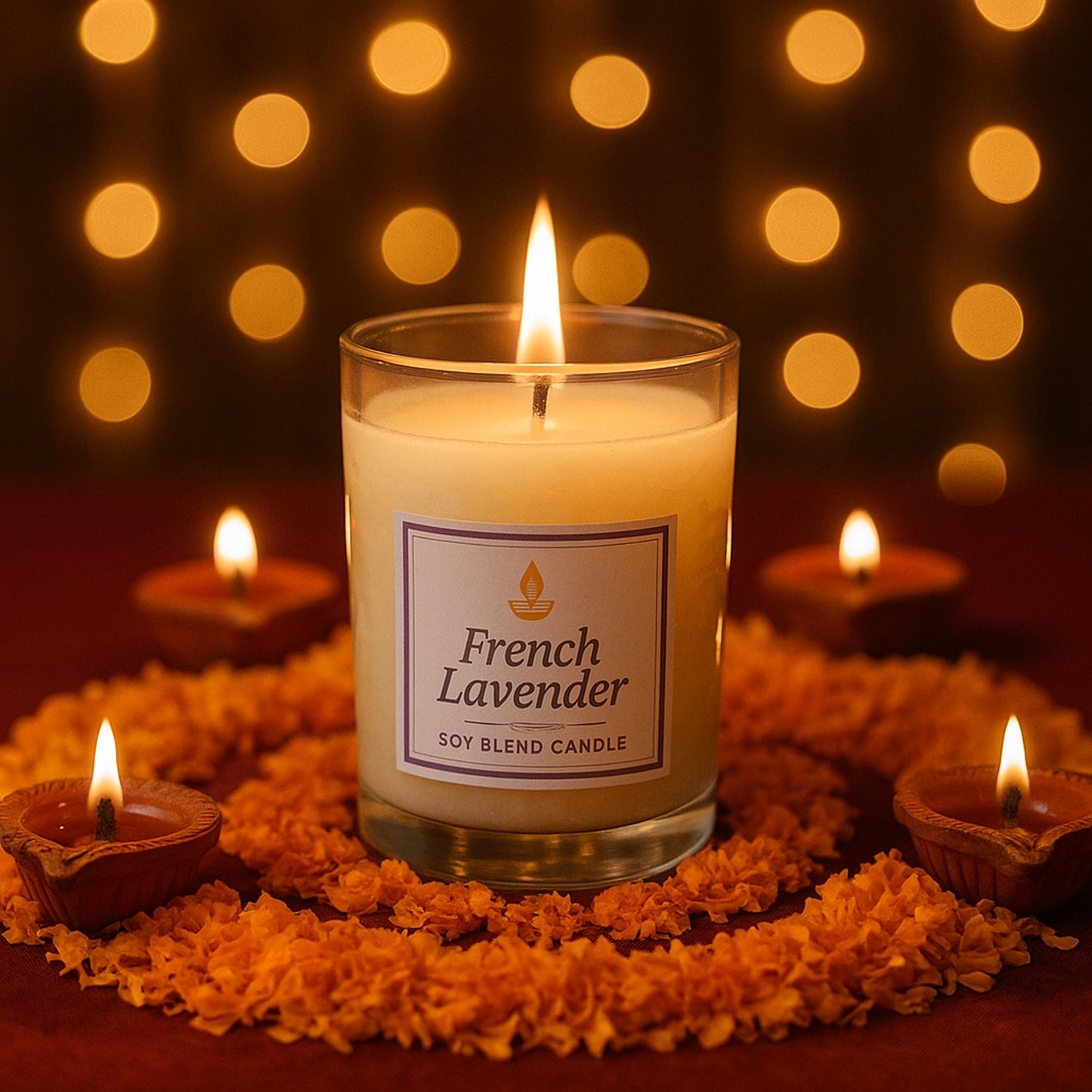 French Lavender soy candle with fresh lavender sprigs for aromatherapy