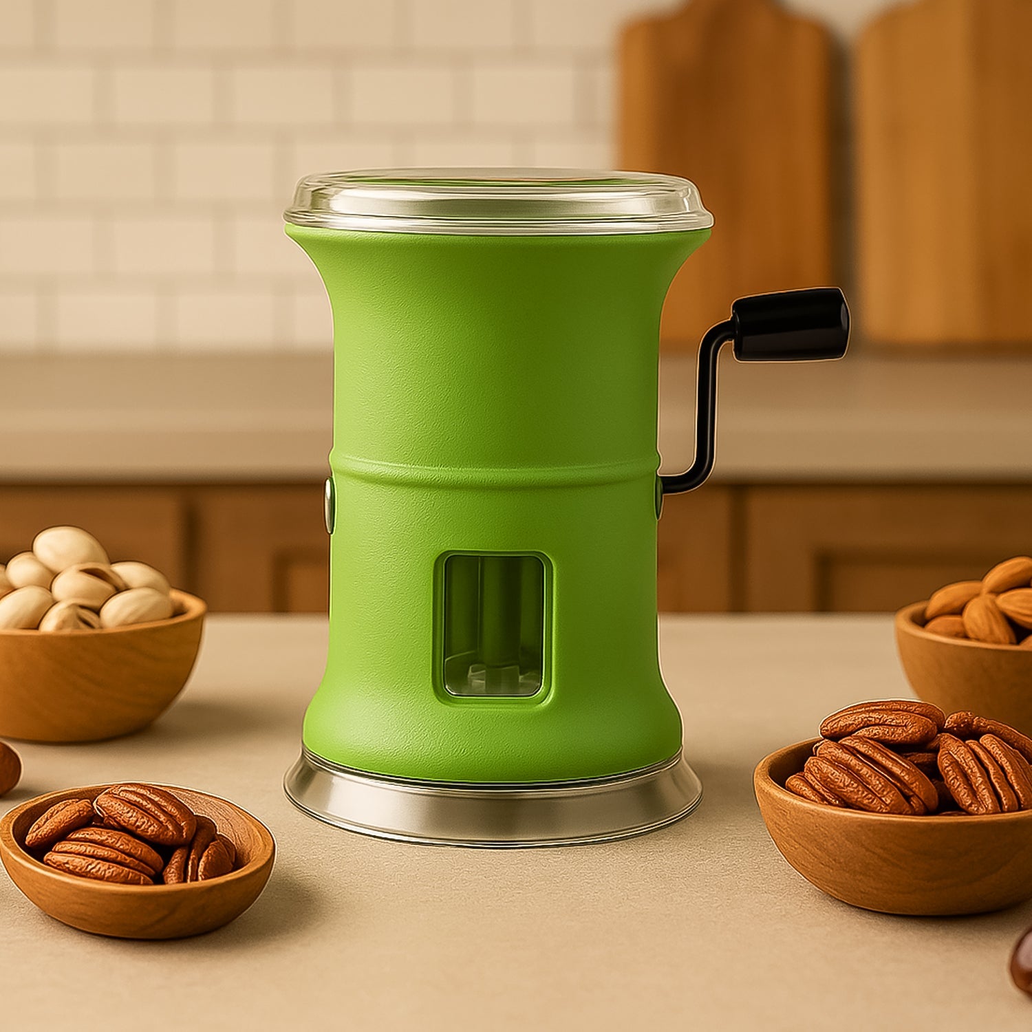 Manual chilly and dry fruit cutter with stainless steel blades on kitchen counter