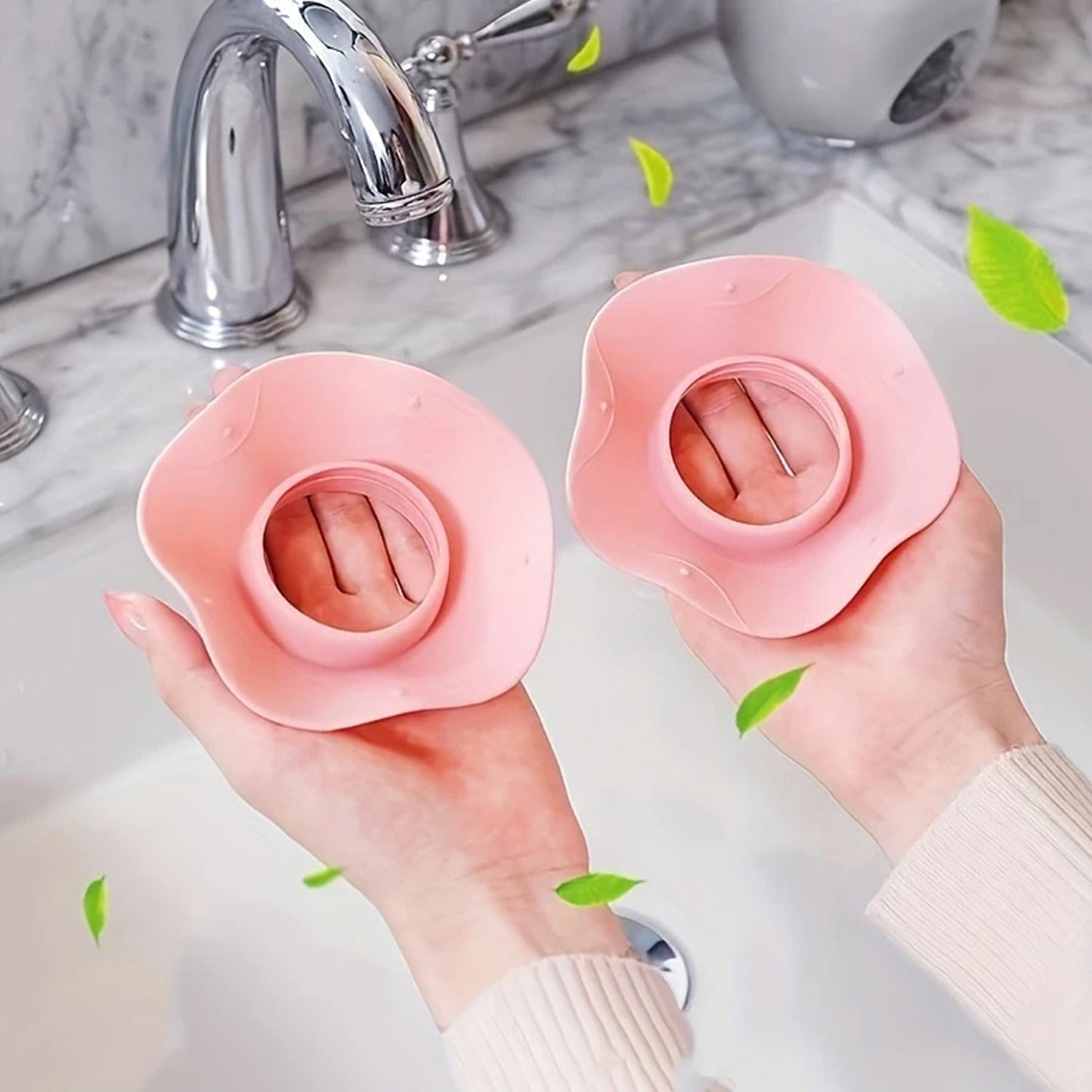 Close-up of silicone wrist band effectively stopping water flow during washing