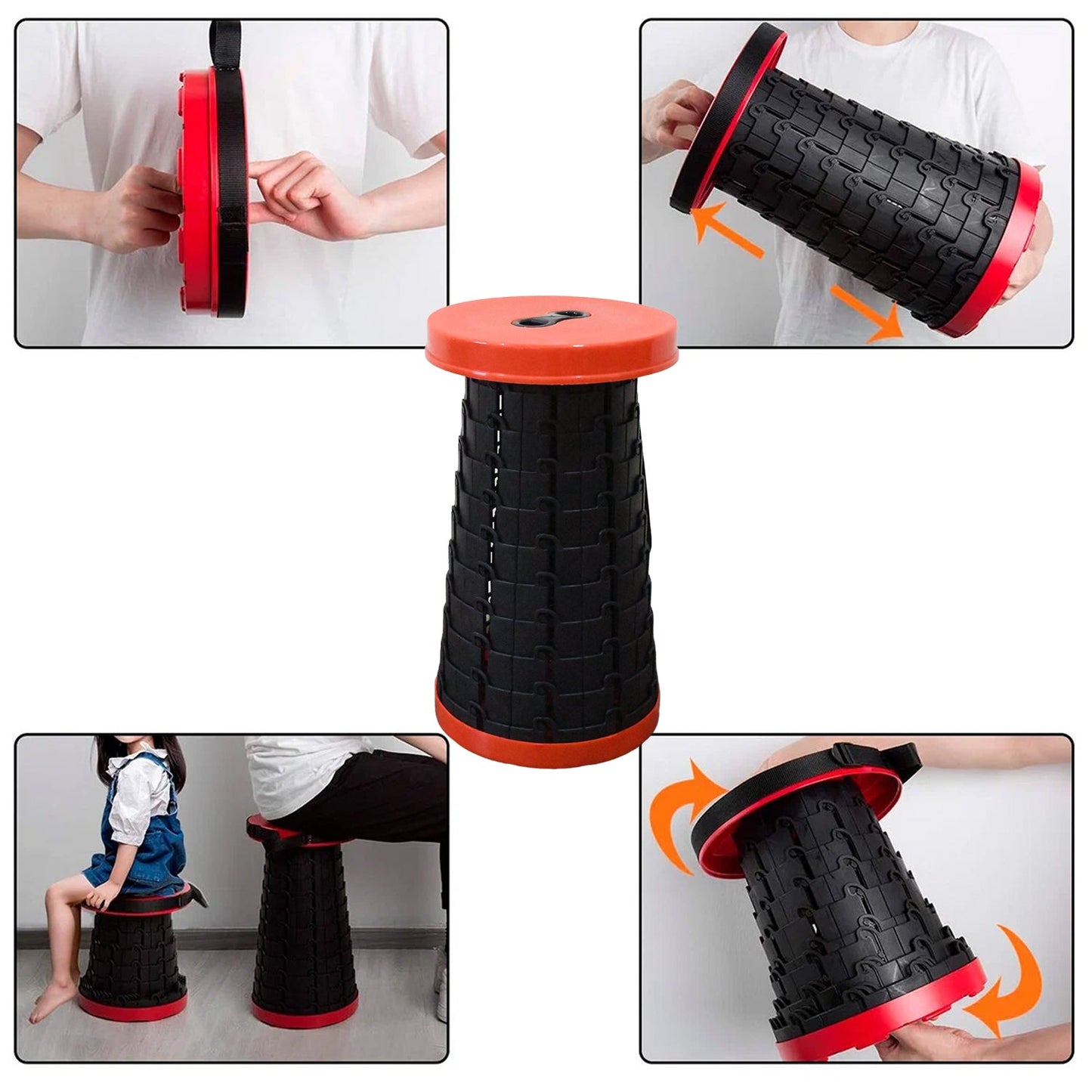 Multiple views of the retractable folding stool, highlighting its adjustable height mechanism.