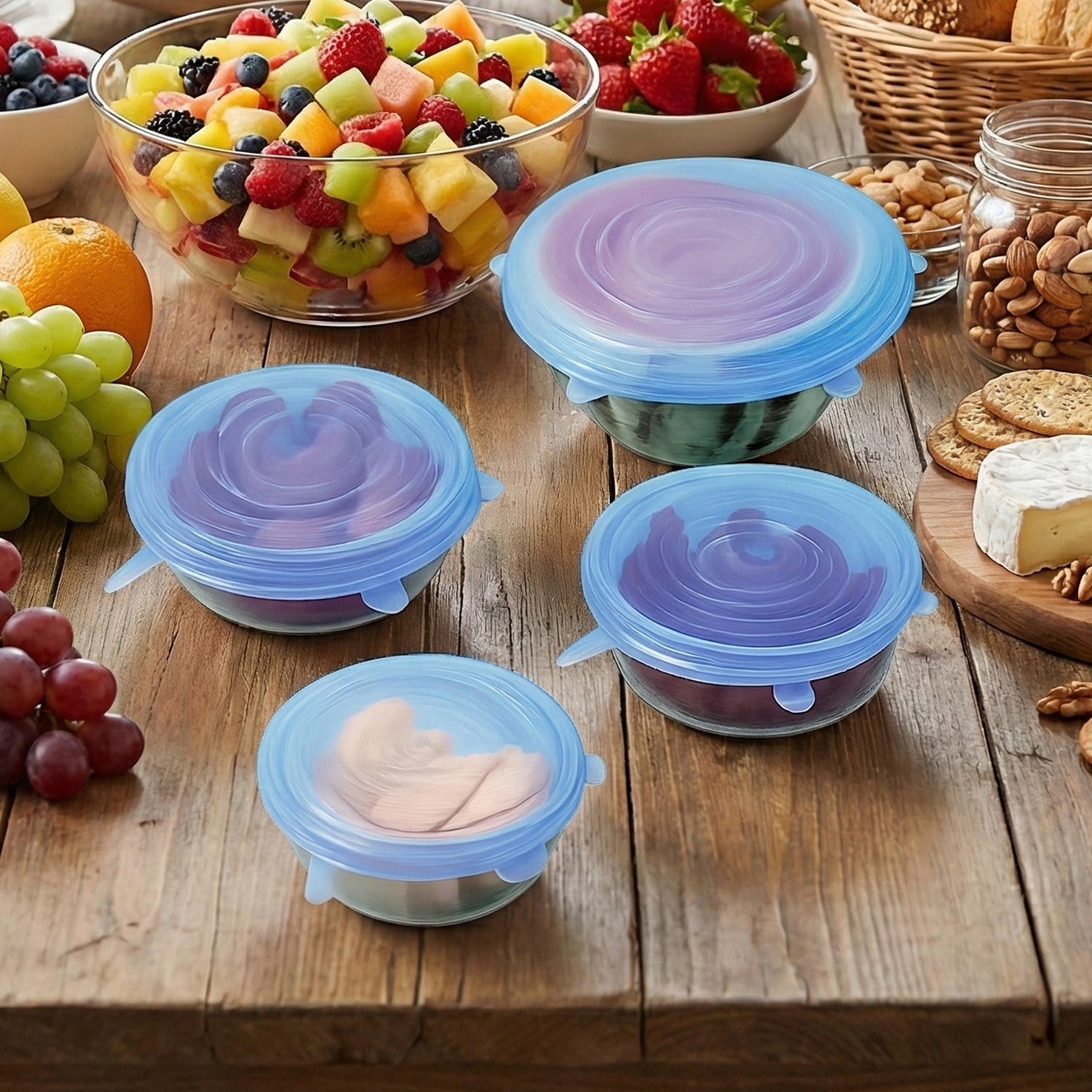 Food storage containers sealed with transparent silicone lids