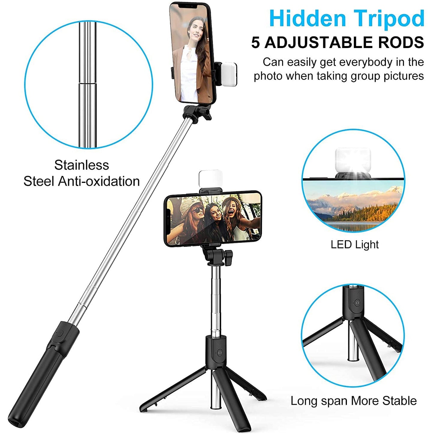 Selfie stick tripod combo providing hands-free use for videos and streaming.