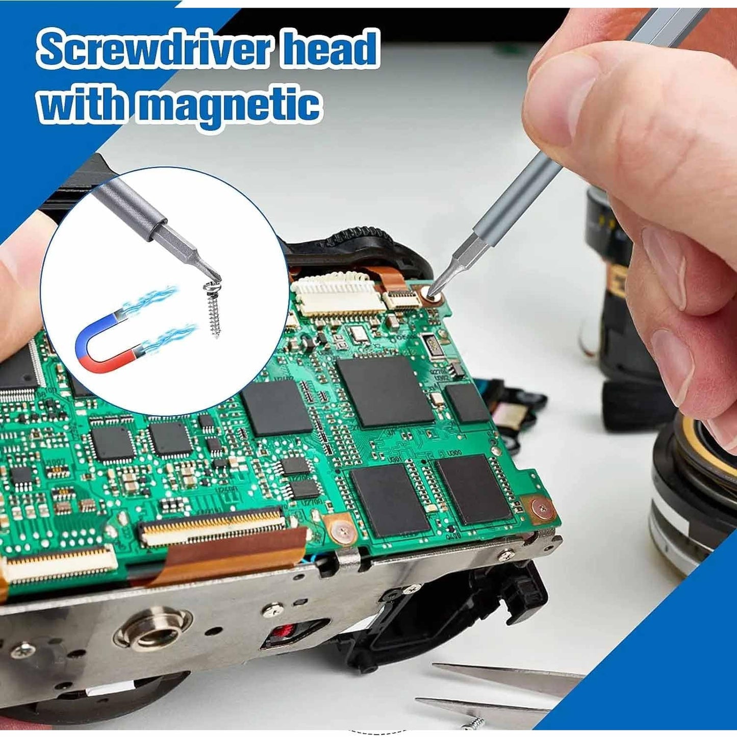 Magnetic screwdriver handle and various precision bits from the 24-in-1 precision set.