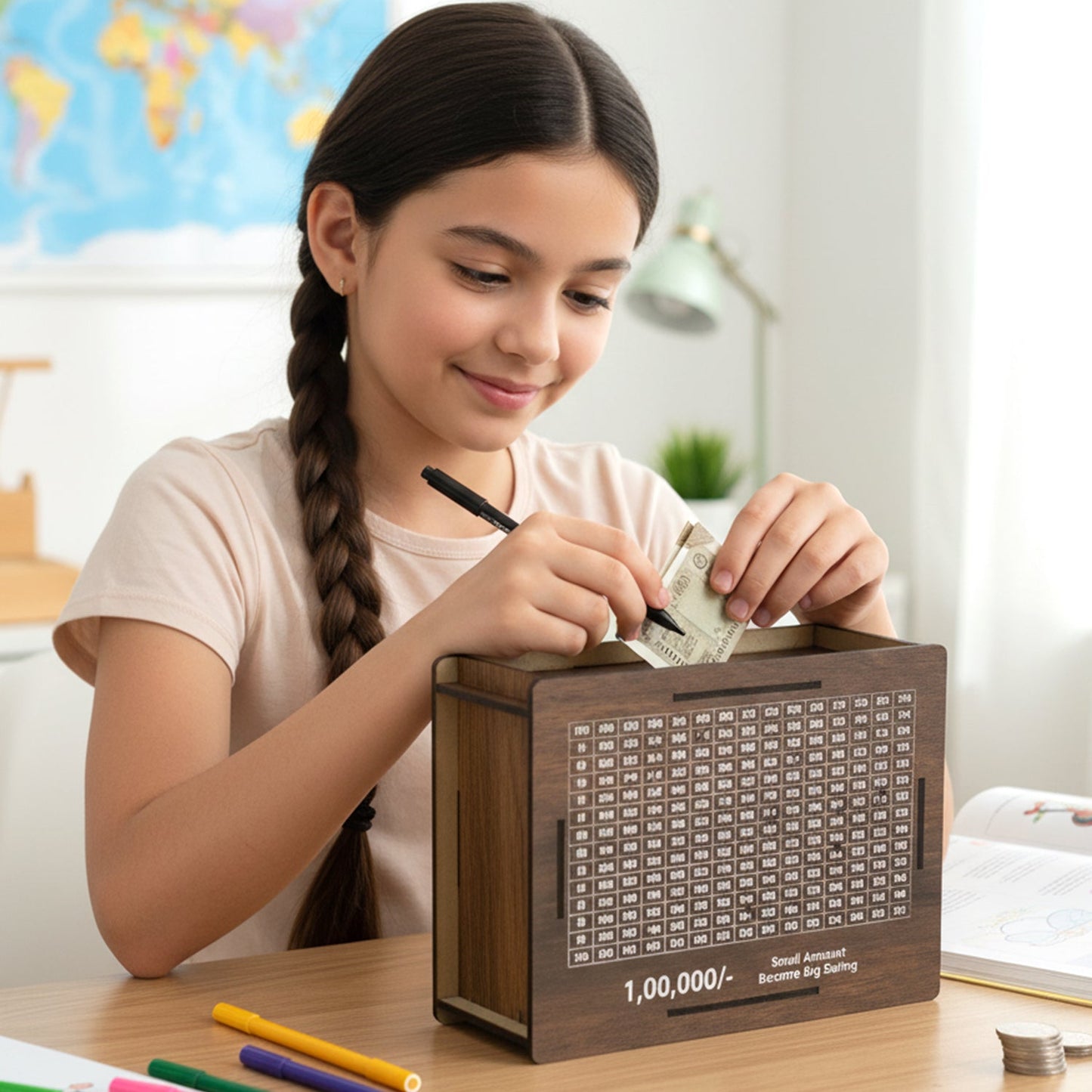 Wooden piggy bank placed near a saving challenge board