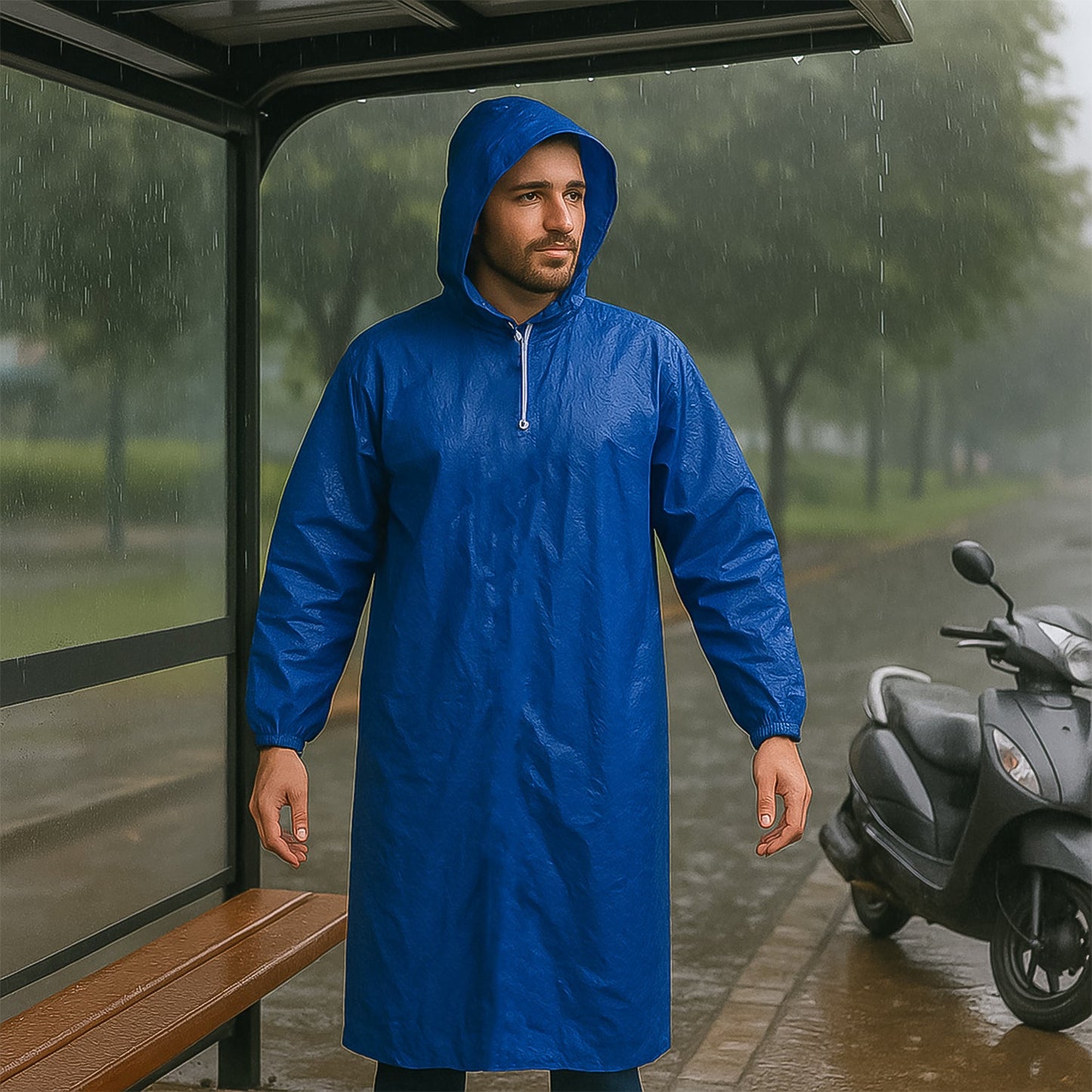 Portable blue raincoat for men with full coverage design.