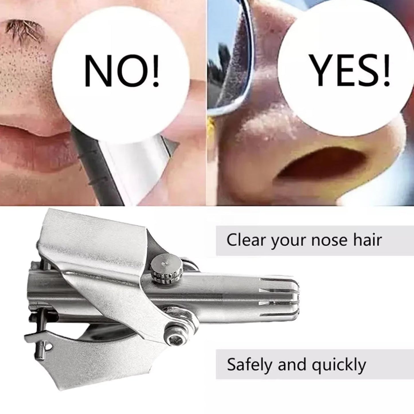 Angled view of the manual nose hair clipper, emphasizing its compact size for travel.