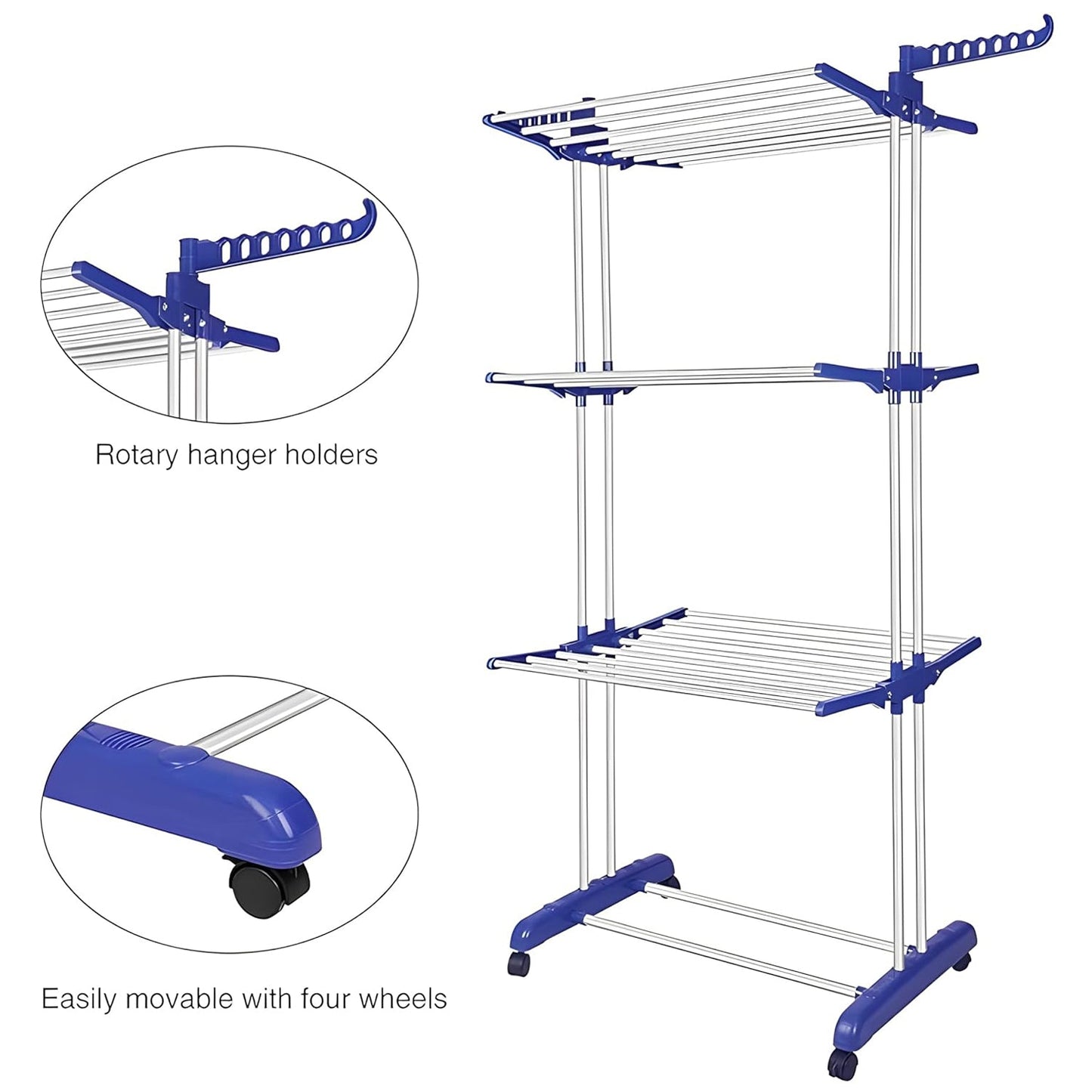 Foldable stainless steel clothes drying rack with wheels and side hanger arms holding garments indoors
