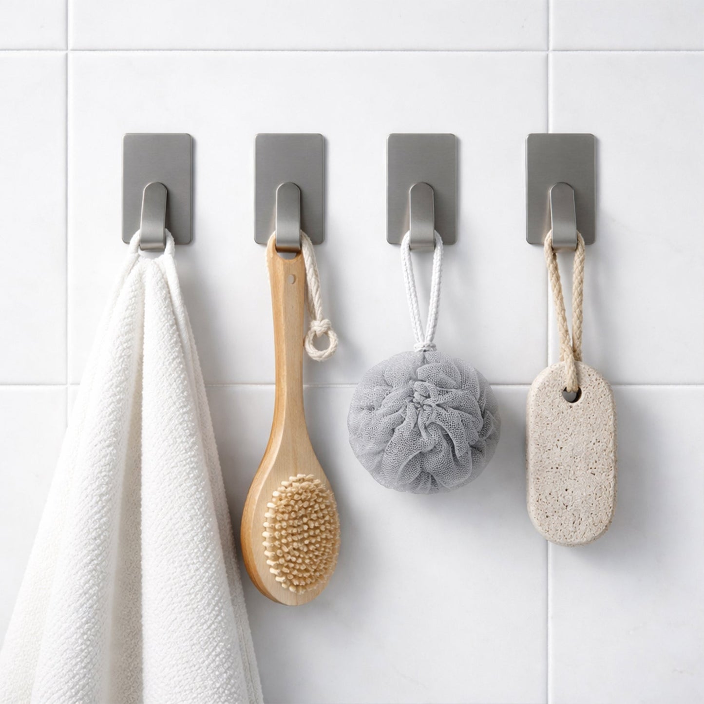 Close-up showing adhesive backing of wall hooks