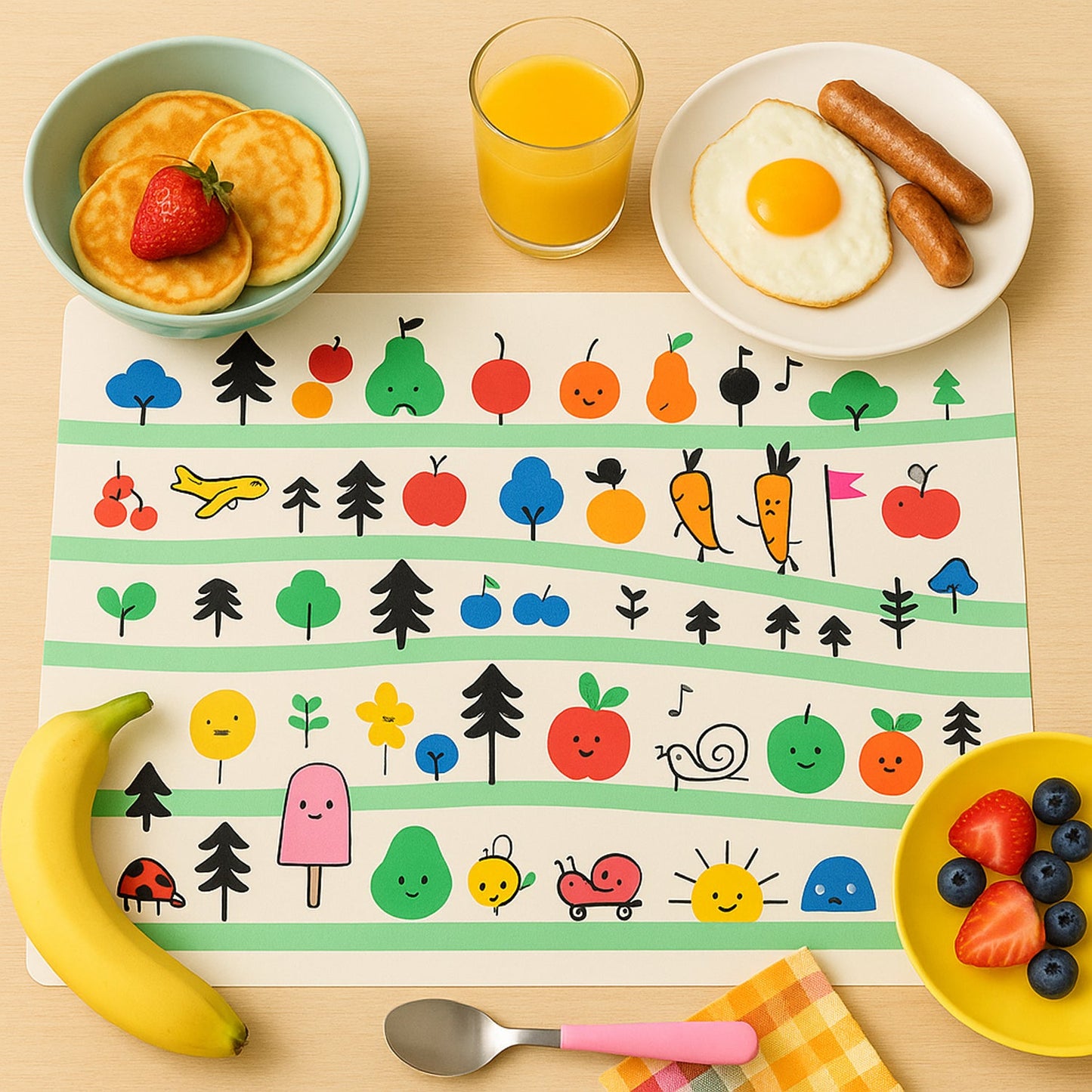 Kids placemat featuring bright cartoon design and fruits