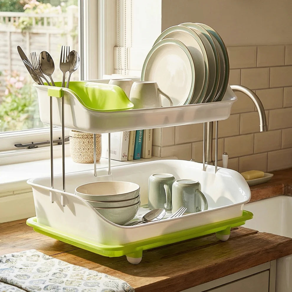 Happyclick Prexo 2 Layer Kitchen Dish Drying Rack with Drain Tray (1 Set)