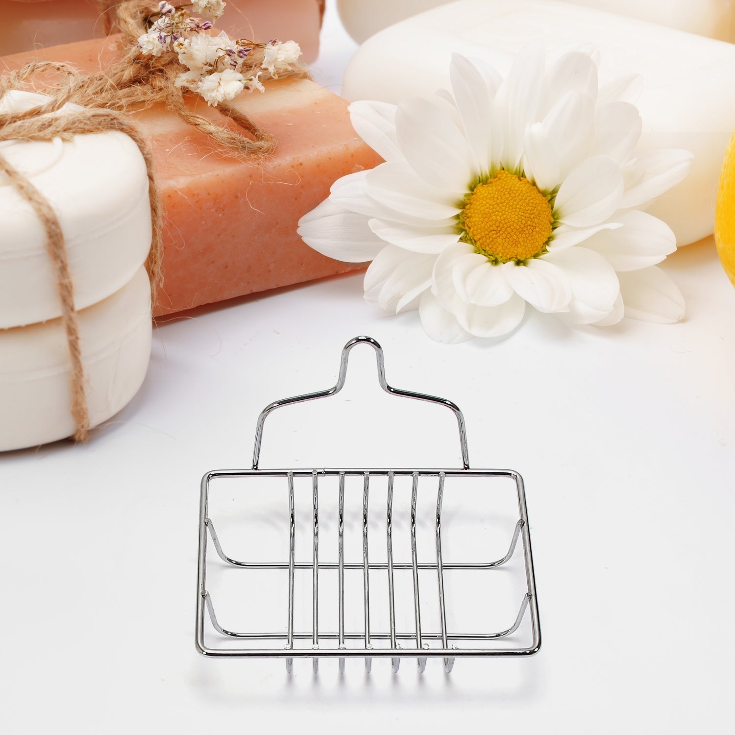 Wall-mounted soap dish with steel finish