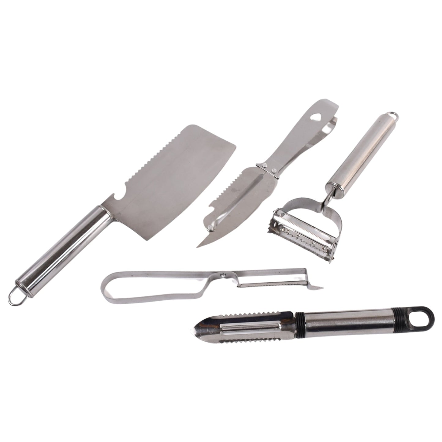 Complete 5-piece stainless steel kitchen tools set for peeling and grating