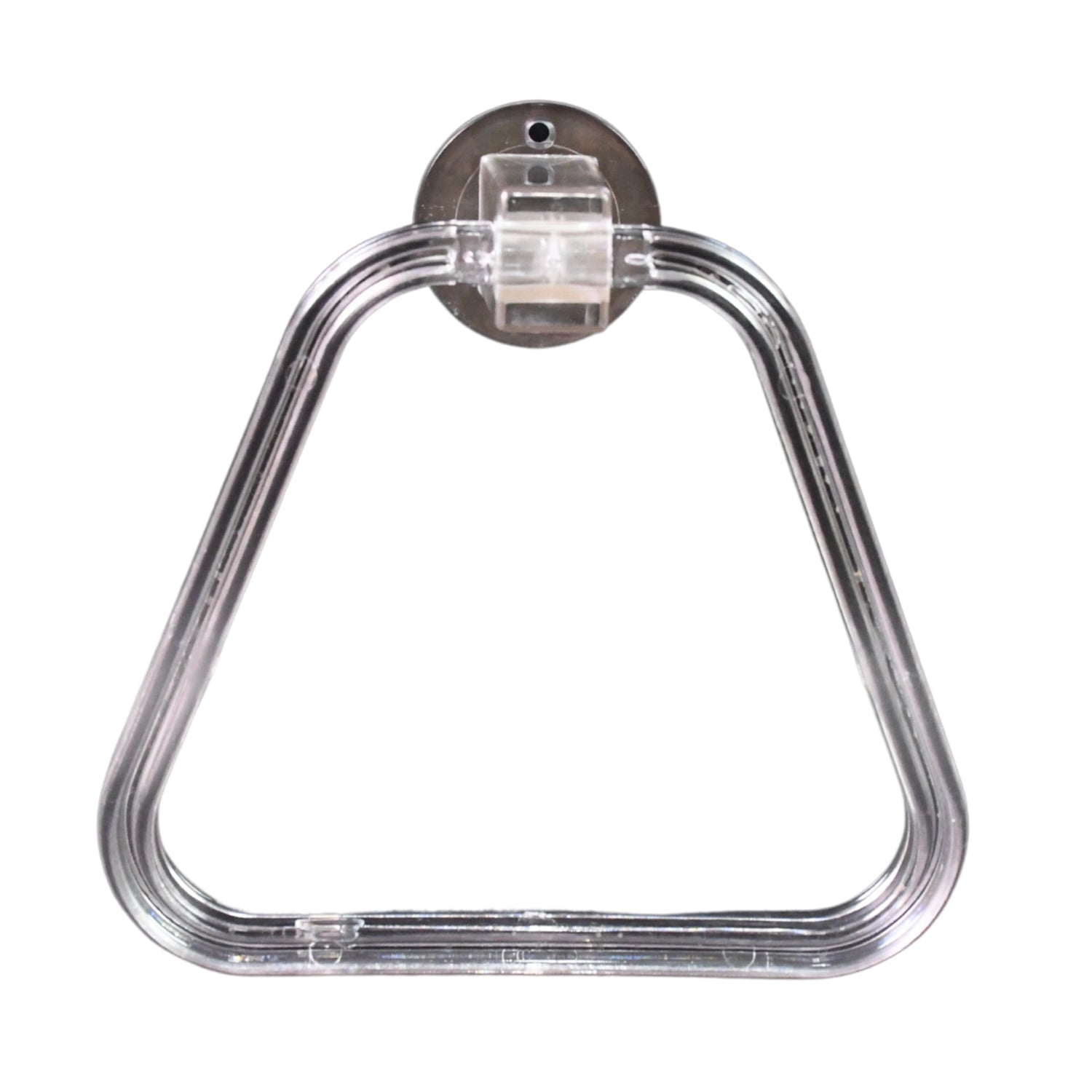 Modern bathroom setting featuring the clear square ABS towel ring holding a hand towel.
