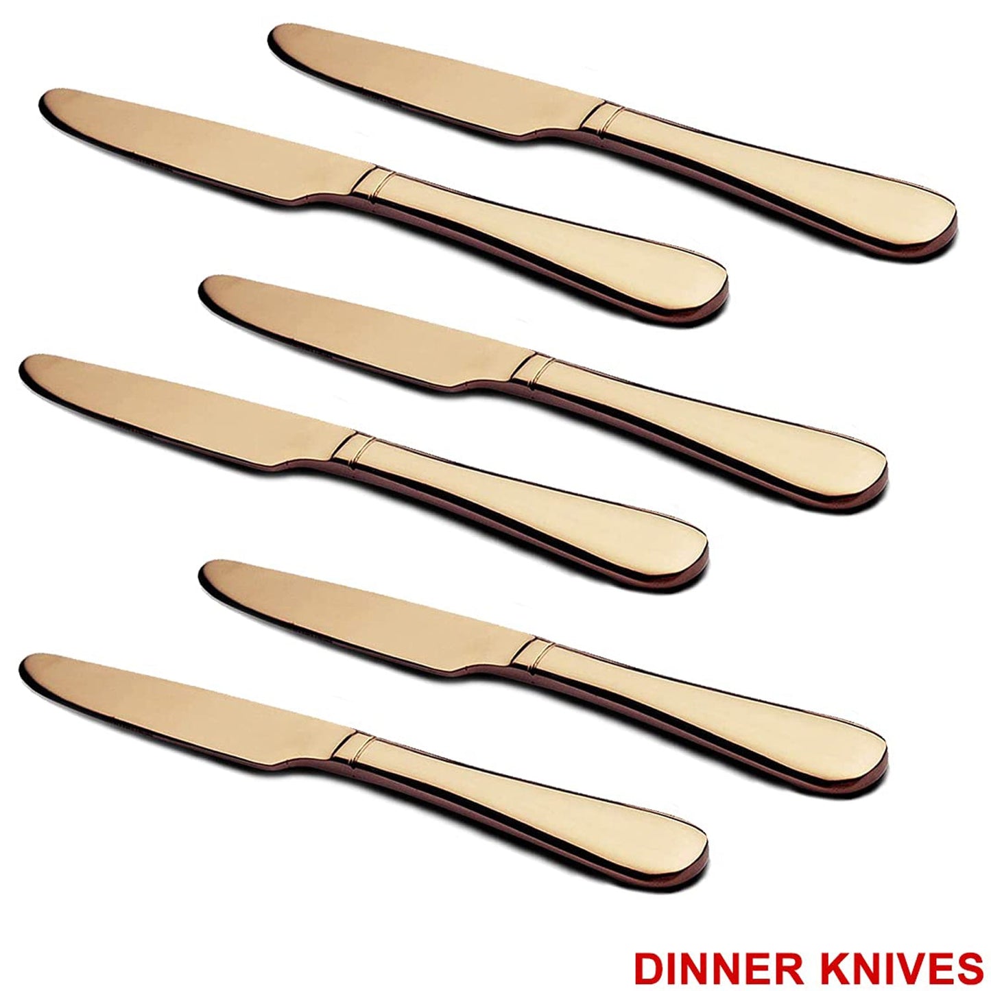 Top-down view of a single gold dinner knife and spoon.