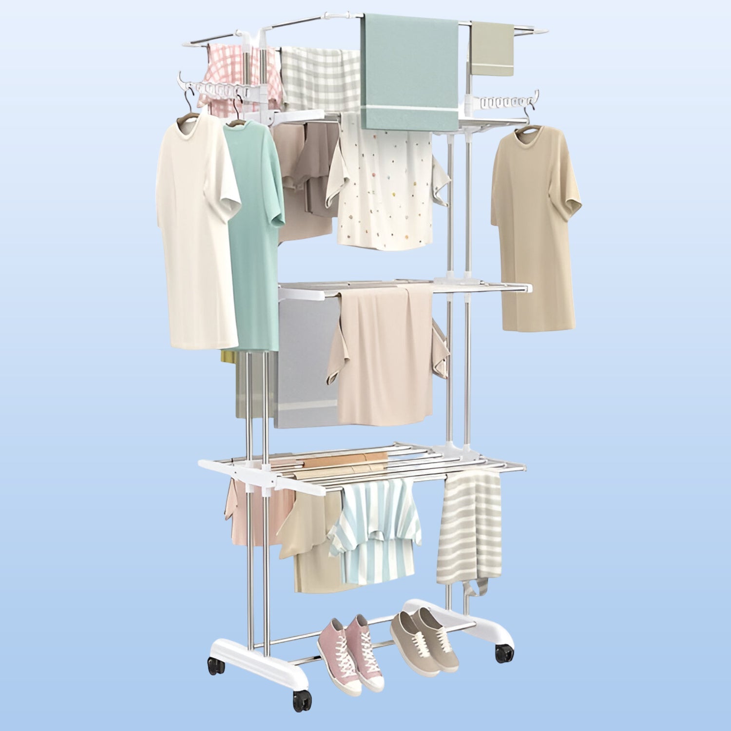 Compact foldable clothes drying rack shown partially folded for storage.