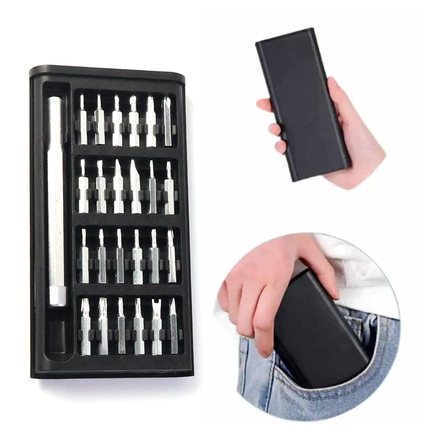 Inside view of the organised precision screwdriver kit with all 24 bits neatly arranged.
