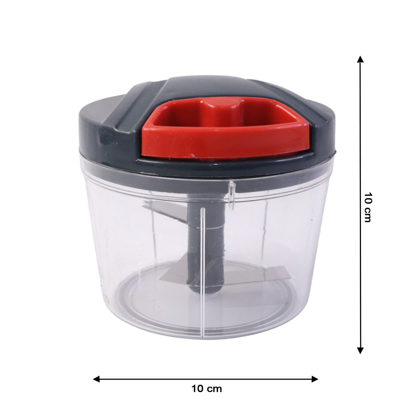 Top view of manual vegetable chopper with transparent container