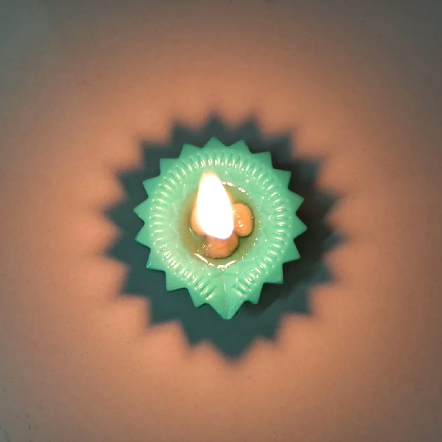 Overhead shot of the complete set of six vibrant silicone diyas in their packaging.