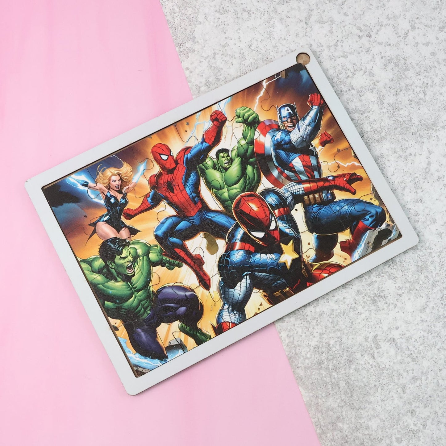 Educational wooden jigsaw puzzle board with colorful cartoon design