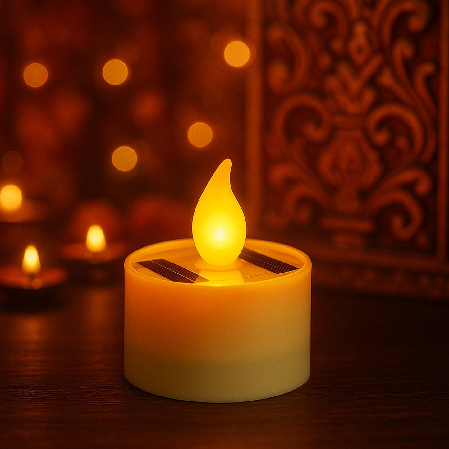 Glowing tealight candle light from solar powered flameless candle