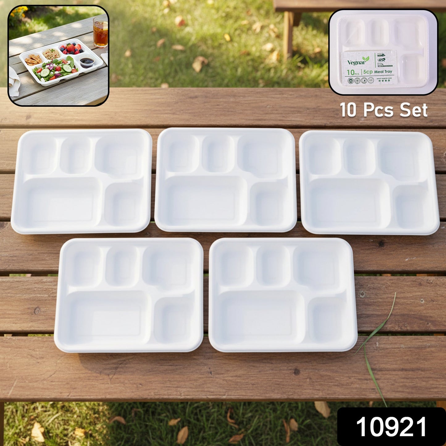Side view of sturdy bagasse meal tray with five sections, leak-resistant for saucy foods