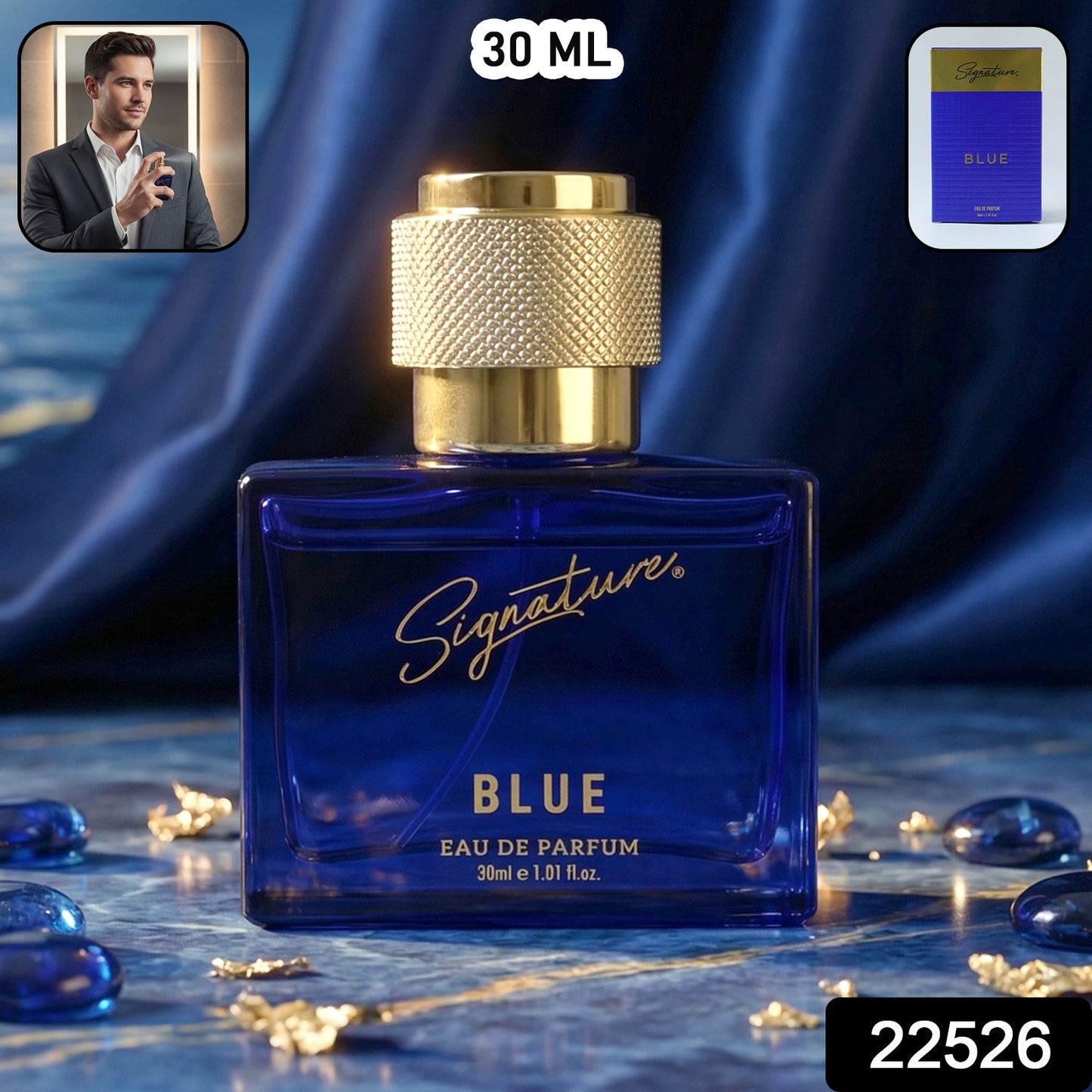 Luxury perfume bottle with textured cap from Signature Blue collection