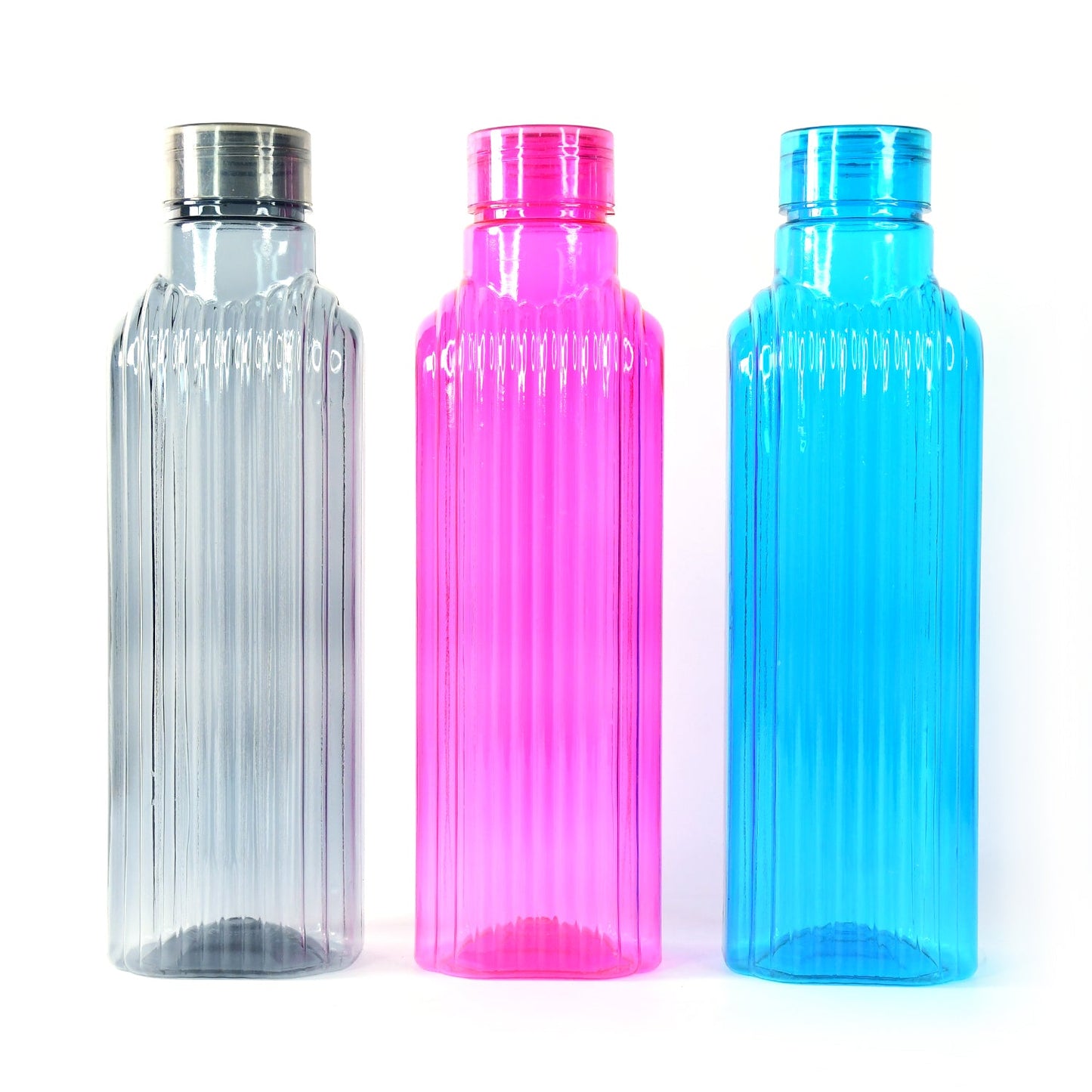 Set of 3 transparent fridge water bottles packaged in brown box