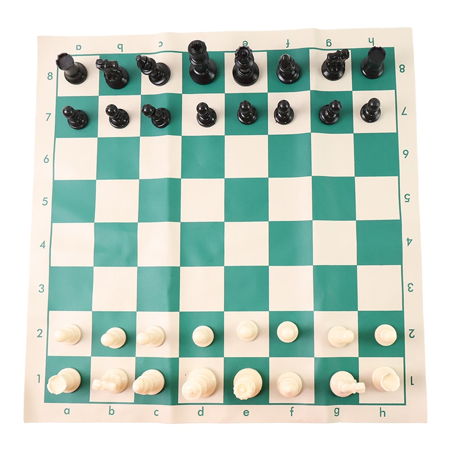Compact folding chess set with vinyl board and plastic chess pieces